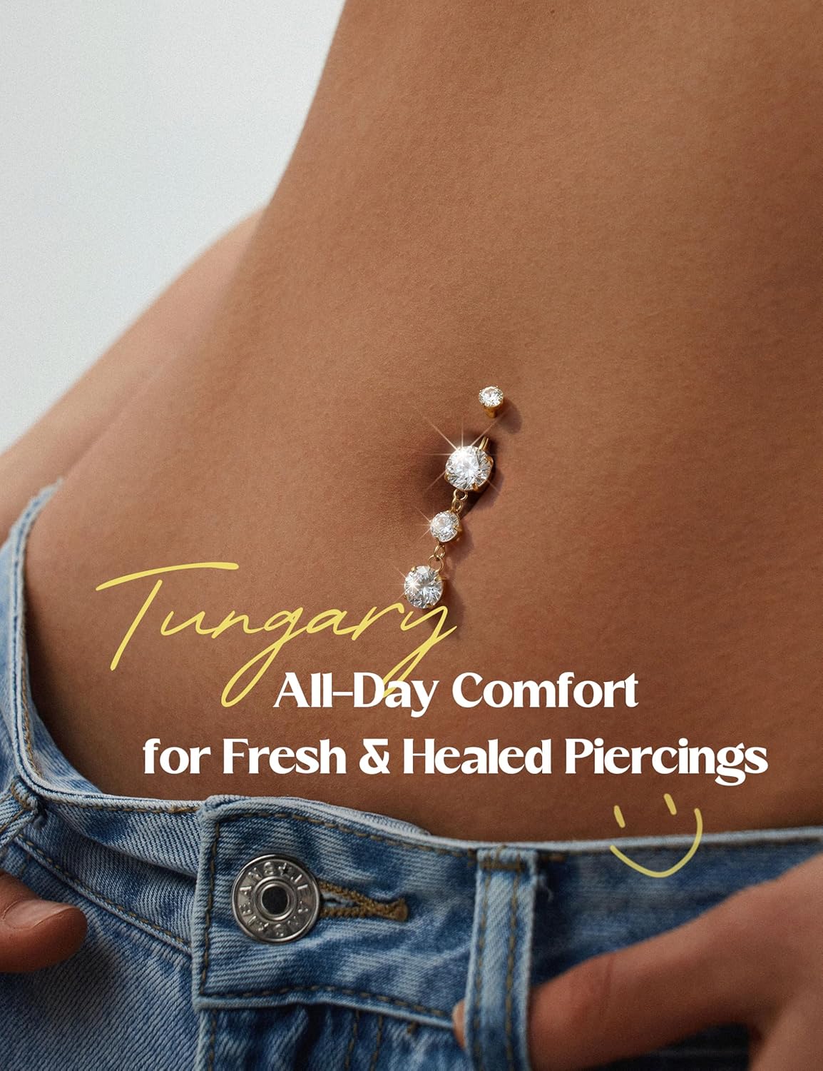 Tungary G23 Titanium Belly Button Ring for Women - 14G 3/8" Internally Threaded Navel Rings with 5A CZ Dangle Belly Button Ring Hypoallergenic Navel Piercing Jewelry, Gold & Titanium Silver - Image 2