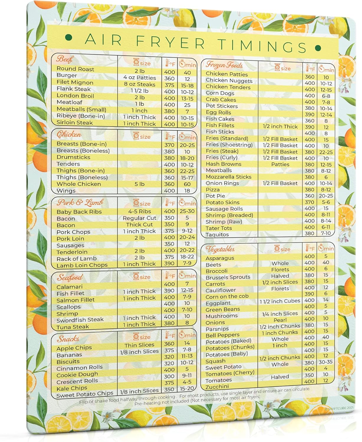 Air Fryer Magnetic Cheat Sheets, Multicooker Cheat Sheet Recipe Magnets, with Cooking Temperature, Time & Size Chart Conversion Measurement, Orange-Lemon Kitchen Decor, 8.5″x11″ Citrus Dream