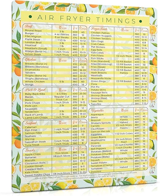 Air Fryer Magnetic Cheat Sheets, Multicooker Cheat Sheet Recipe Magnets, with Cooking Temperature, Time & Size Chart Conversion Measurement, Orange-Lemon Kitchen Decor, 8.5"x11" Citrus Dream