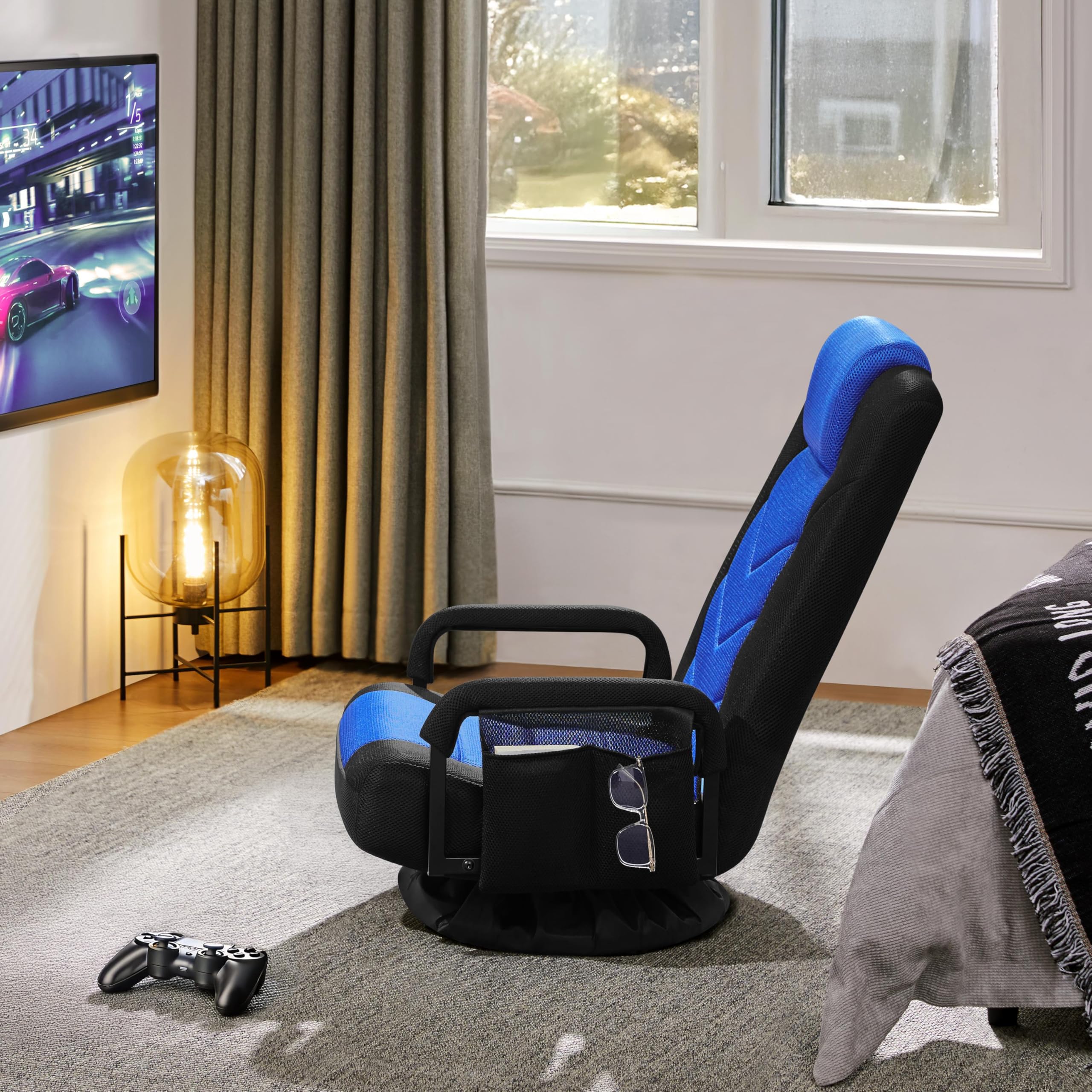 Yaheetech Chaise Gaming au Sol avec Dossier Pliable à 6 Positions Réglables et Support Lombaire, Fauteuil Gaming Pivotant à 360° avec Accoudoirs, pour Adultes, Adolescentes, Enfants, Noir/Bleu