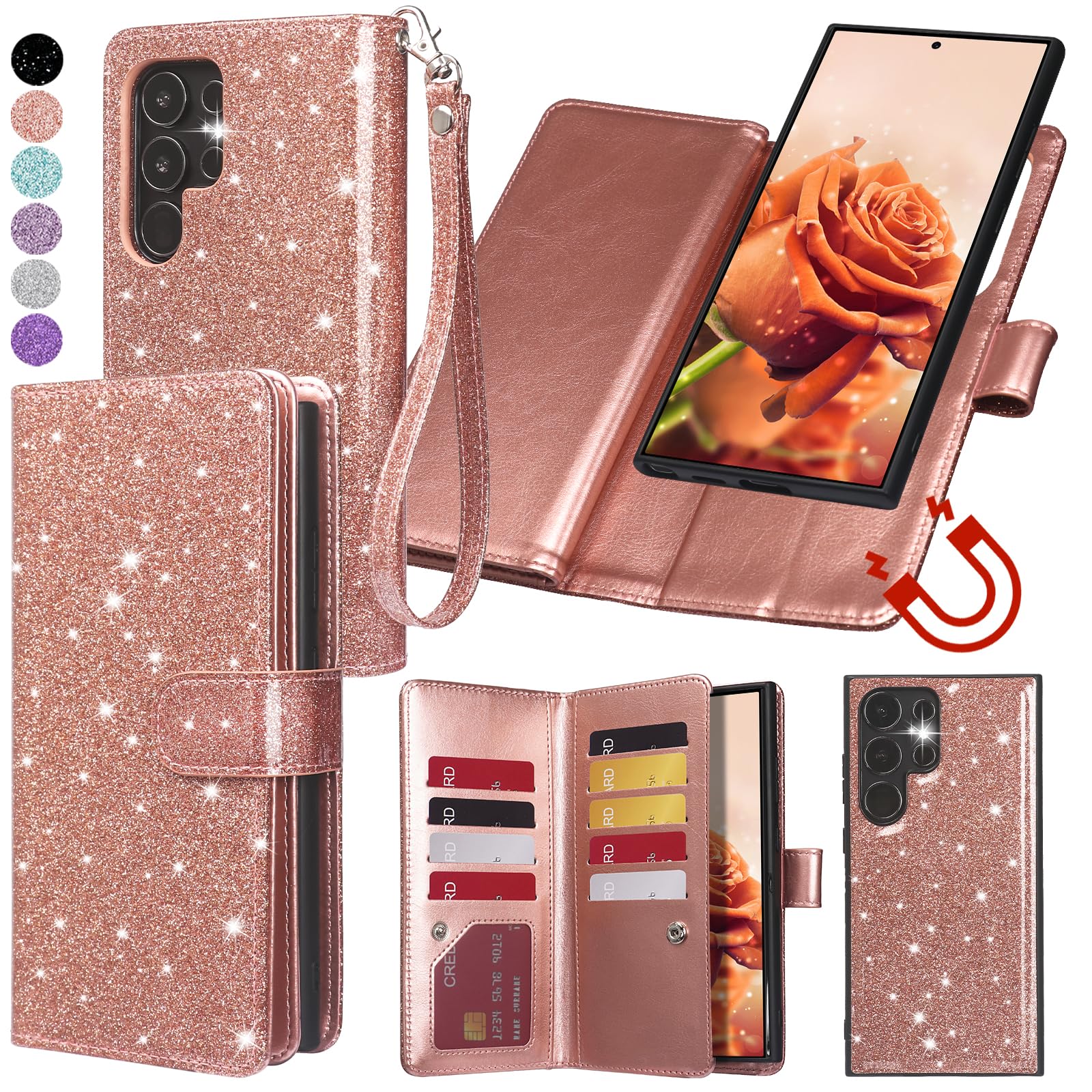 Varikke for Galaxy S23 Ultra Wallet Case Detachable with Card Holder for Women, Glitter PU Leather Strap Magnetic Flip Wallet Removable Phone Case