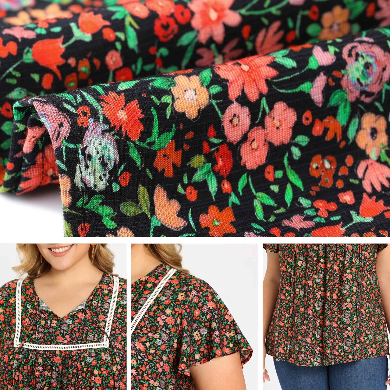 Plus Size Blouses for Women Pintucked Trim Front Floral Print Tops Tie Neck Ruffle Sleeve Summer Vacation Blouse - Image 5