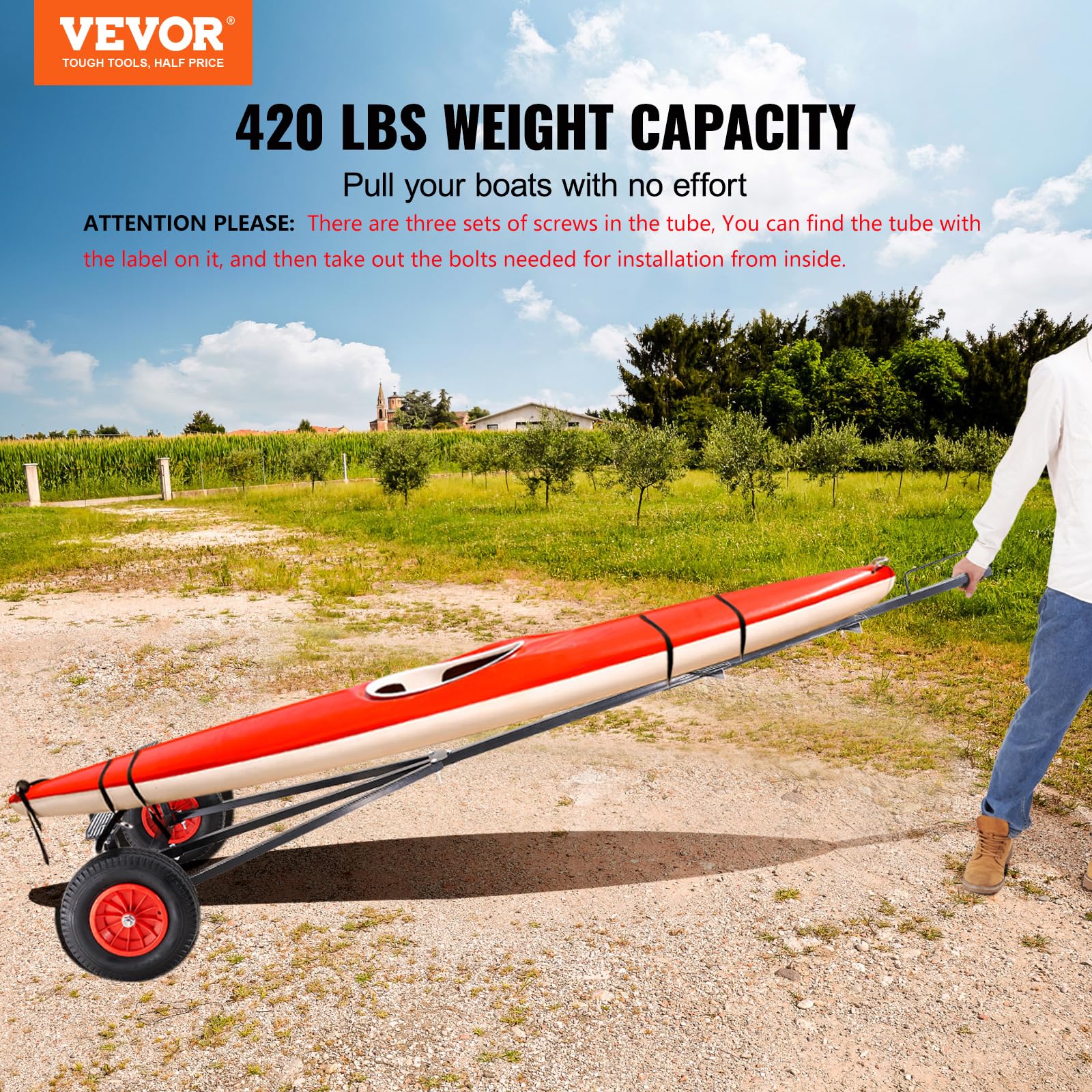 VEVOR Carrello per Rimorchio Barche Manuale Capacità Carico Max. 190kg Ruote in Gomma Diametro 40,6cm per Rimorchio di Barche, Carrello Rimorchio in Acciaio al Carbonio Lunghezza Regolabile 244-294cm