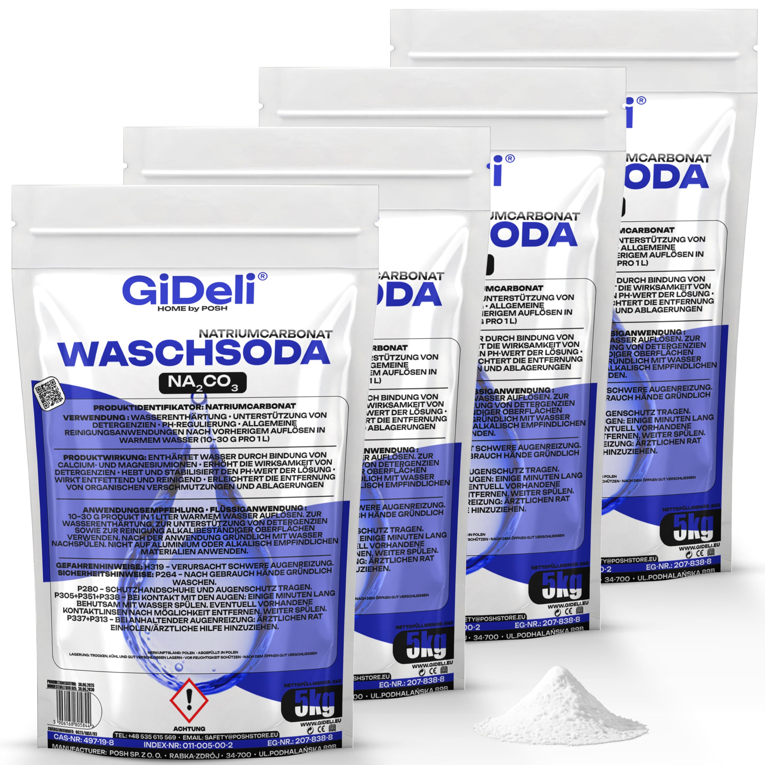 GiDeli Carbonato di Sodio 4x5kg - Soda Naturale Sgrassante per Pulizia Casa - Soda Solvay da Bucato in Polvere per Rimuovere le Macchie - Carbonato di Sodio per la Cura di Lavatrice e Lavastoviglie