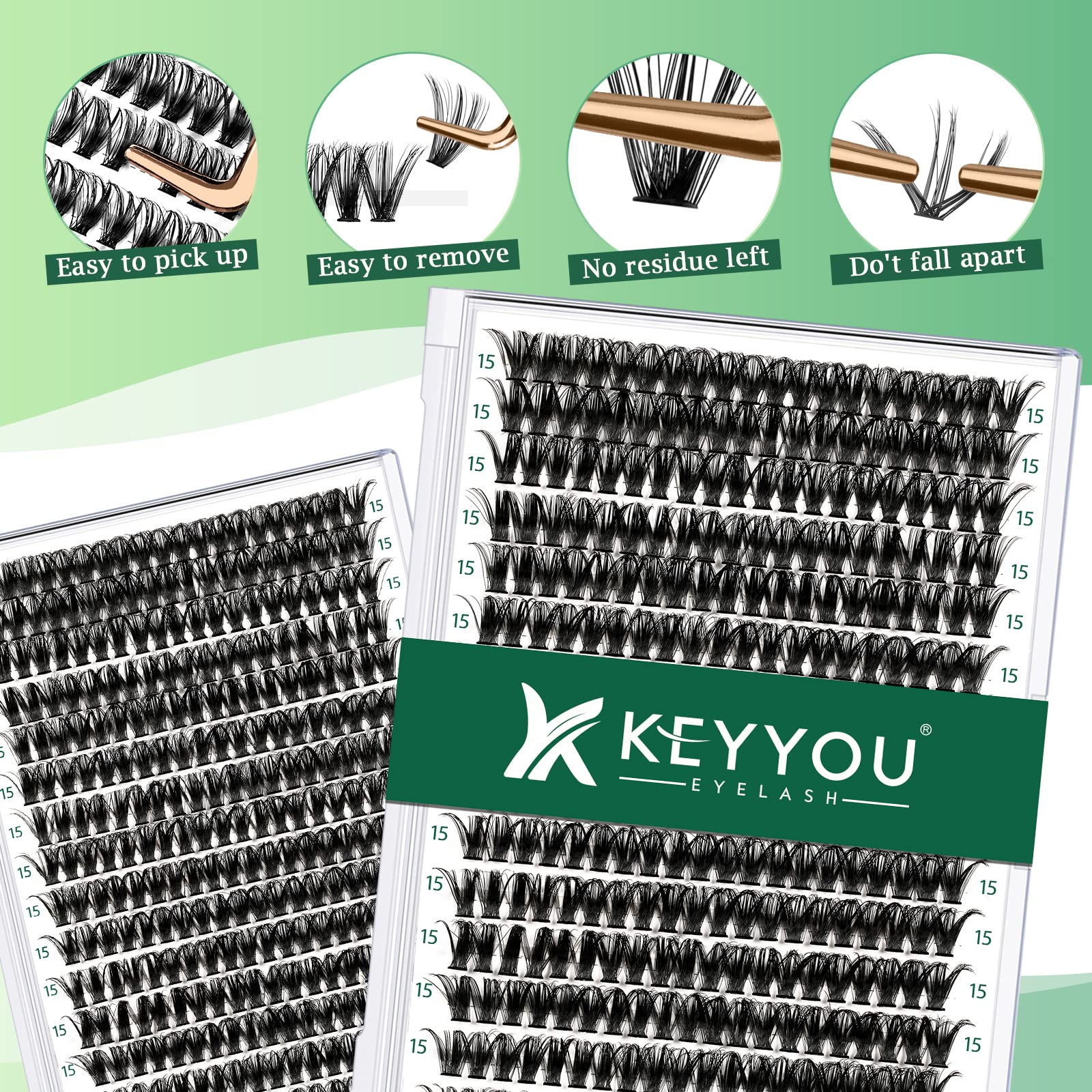 KEYYOU Wimpern Extensions 300pcs Cluster Lashes 50D D Curl 15mm Einzelne Wimpern Volume Natürlich Sanft Wimpernverlängerung（50D-D-15）