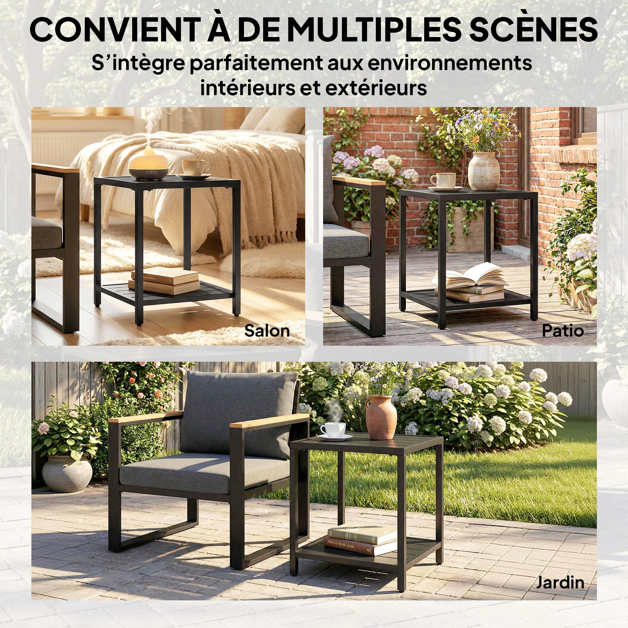 Outsunny Table Basse Extérieure Métal 2 Niveaux, Table de Jardin Carrée avec Étagère, Résistante aux Intempéries, Noir