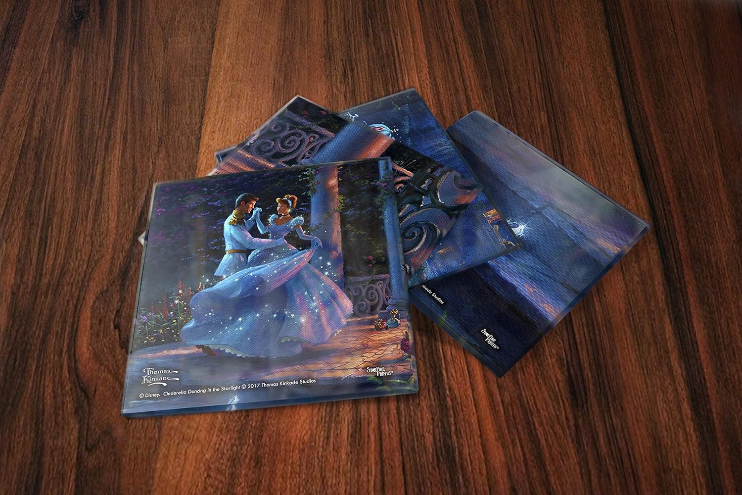Disney Cinderella Glass Coaster Set - Thomas Kinkade - Comes with Stylish Modern Wooden Holder SPCSTR754