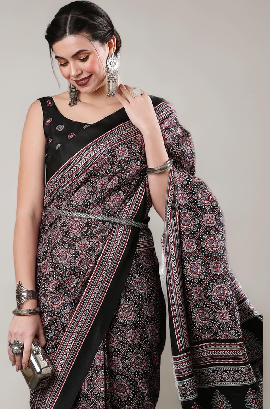 - Women's Ajrak Block Print Dola Silk Saree With Unstitched Blouse Piece