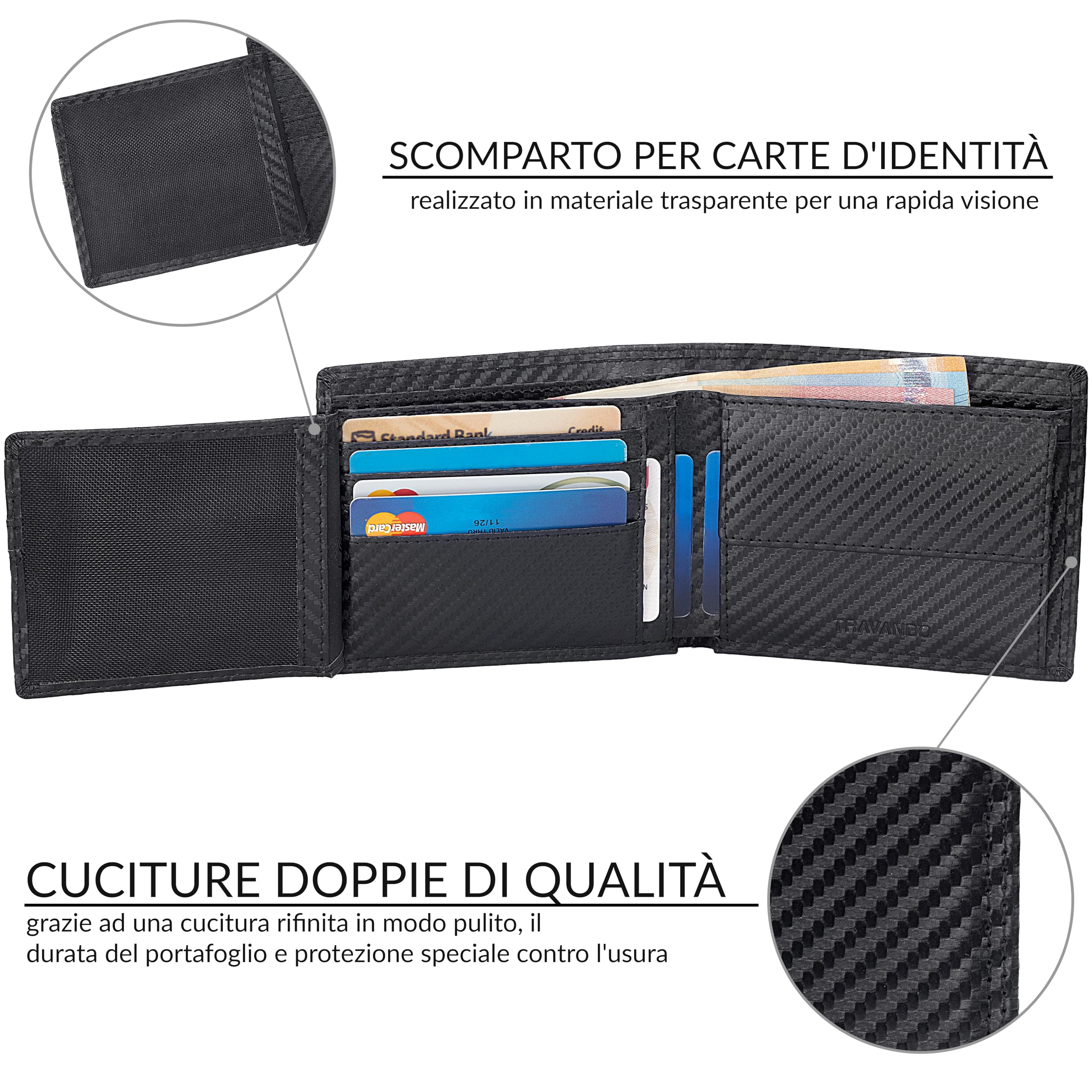 TRAVANDO Portafoglio Uomo, Grande, OSLO, protezione RFID, Porta Carte di Credito nero, con Portamonete, Borsellino formato Verticale, Porta Banconote Wallet monete (Carbon)