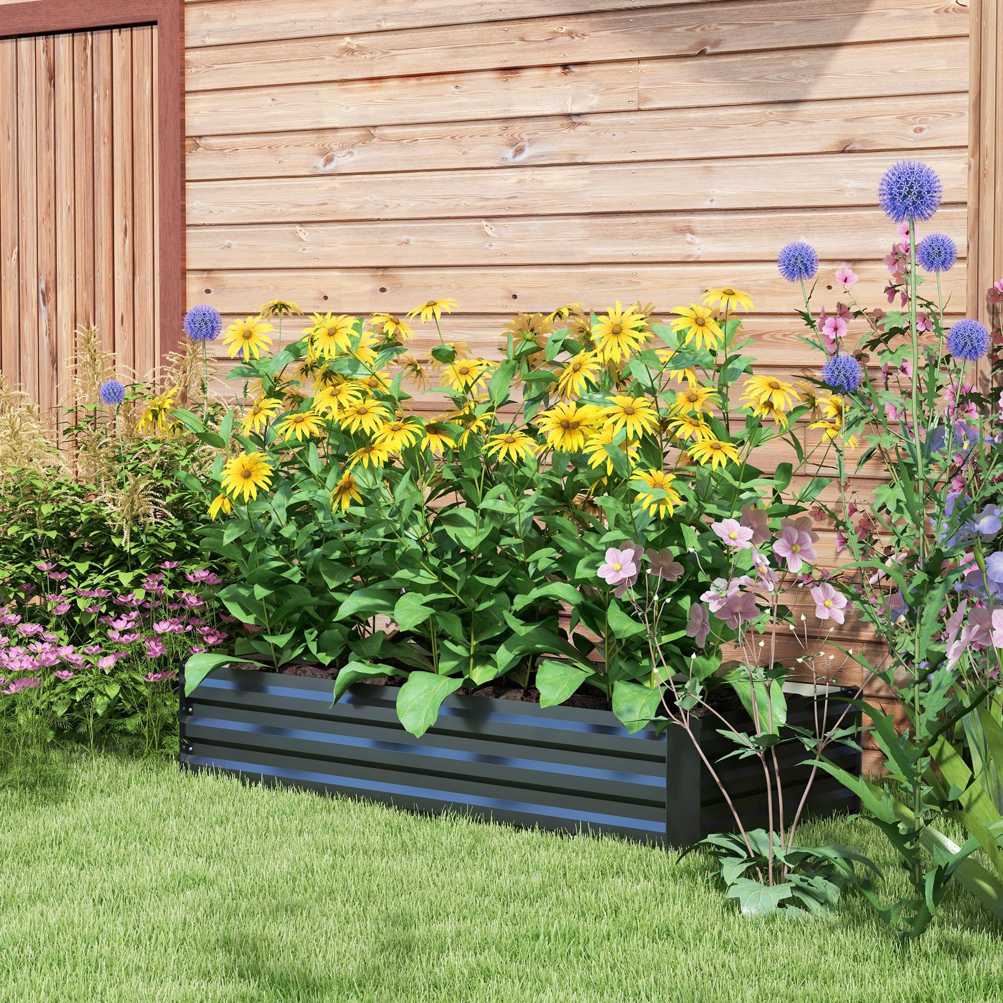 Outsunny Jardinière rectangulaire Potager de Jardin bac à Fleurs en Acier avec Bordure de sécurité et Fond Ouvert dim. 150L x 70l x 30H cm Noir