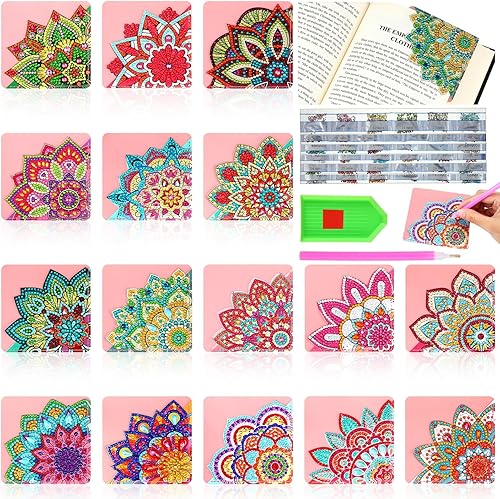Tatuo 16 marcapáginas de pintura con diamantes, mandala y flores de diamante, marcapáginas de esquina de flores, marcador de libro de diamantes 5D,