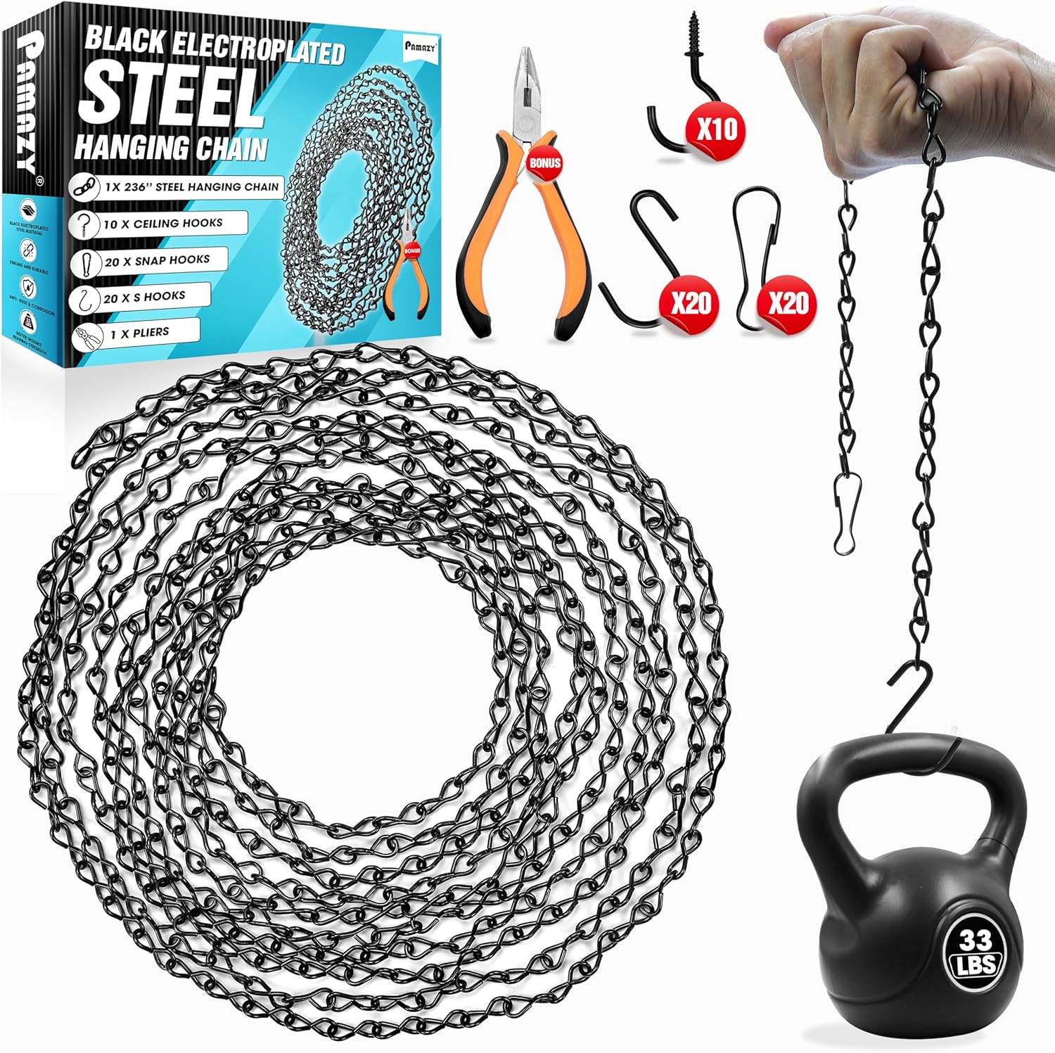 [Upgraded] 236” Black Electroplated Steel Hanging Chain with S-Hooks, Snap Hooks, Ceiling Hooks & Pliers, 33LBS Load Bearing, Adjustable Length for Hanging Bird Feeders, Planters, Lanterns, Billboards