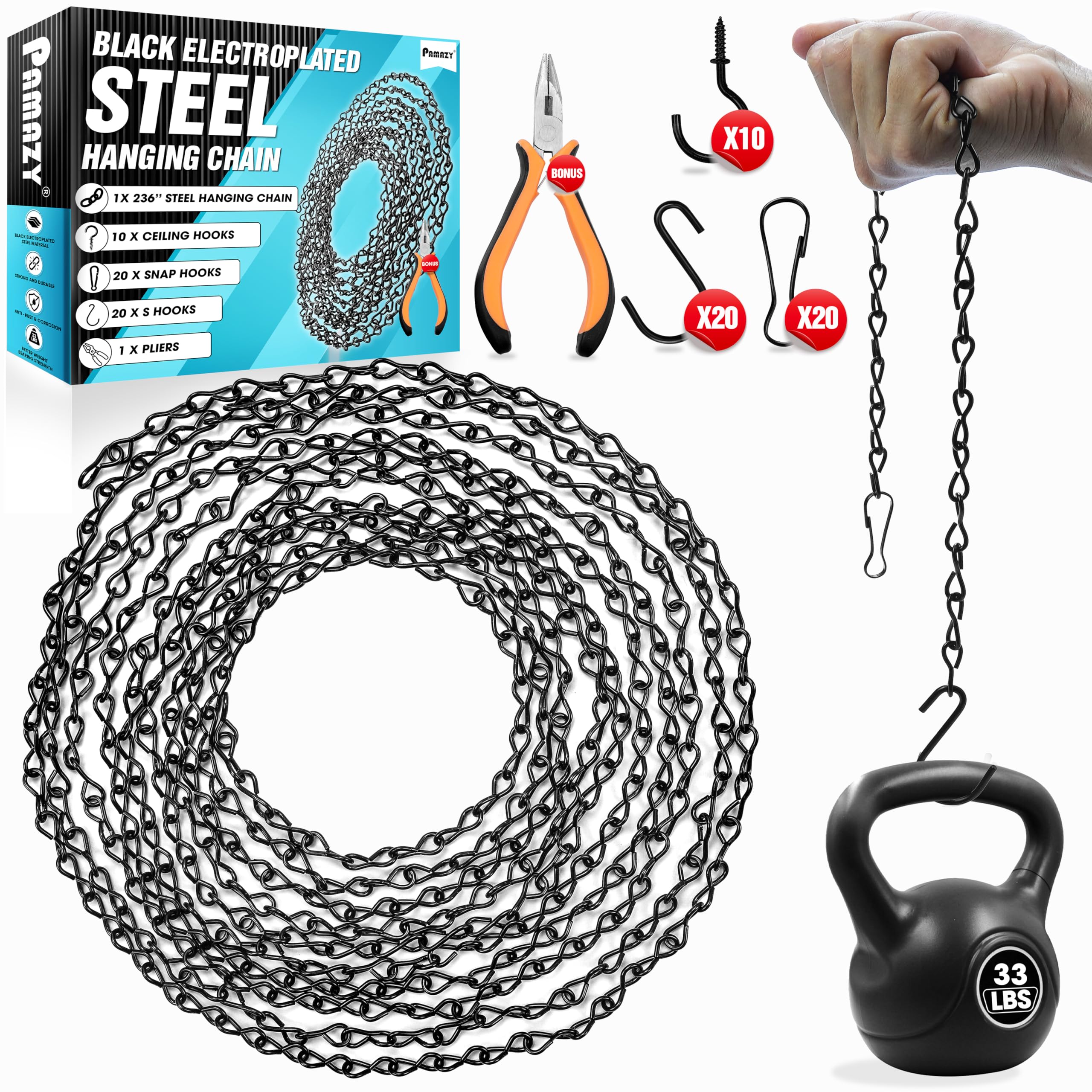 Photo 1 of [Upgraded] 236” Black Electroplated Steel Hanging Chain with S-Hooks, Snap Hooks, Ceiling Hooks & Pliers, 33LBS Load Bearing, Adjustable Length for Hanging Bird Feeders, Planters, Lanterns, Billboards