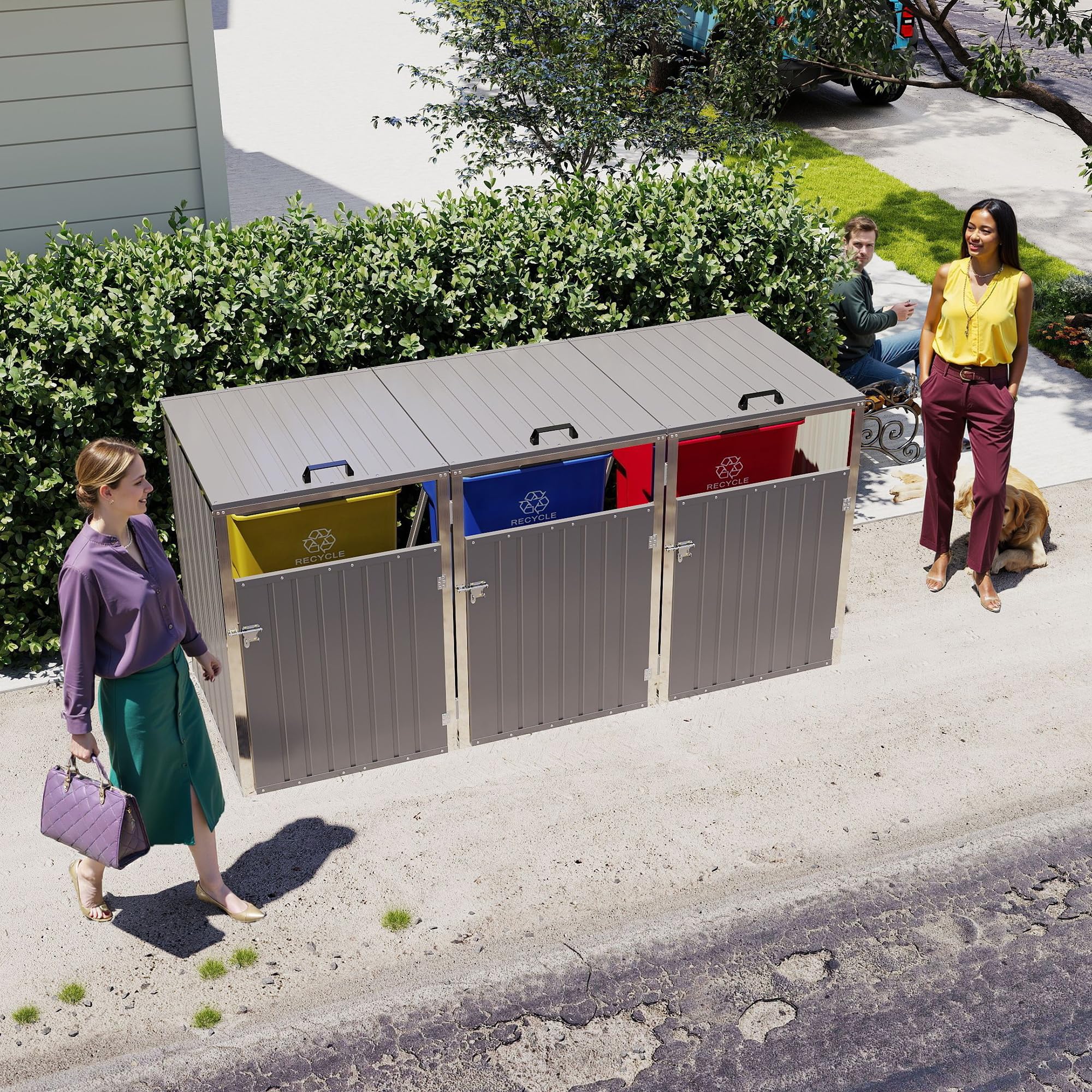 KEIKI 120 Cu.Ft Outdoor Trash Can Storage Shed for 3 Bins, Galvanized Metal Garbage Bin Enclosure with Hydraulic Lid &amp; Dual Chain Design, Weather-Resistant, Light Gray