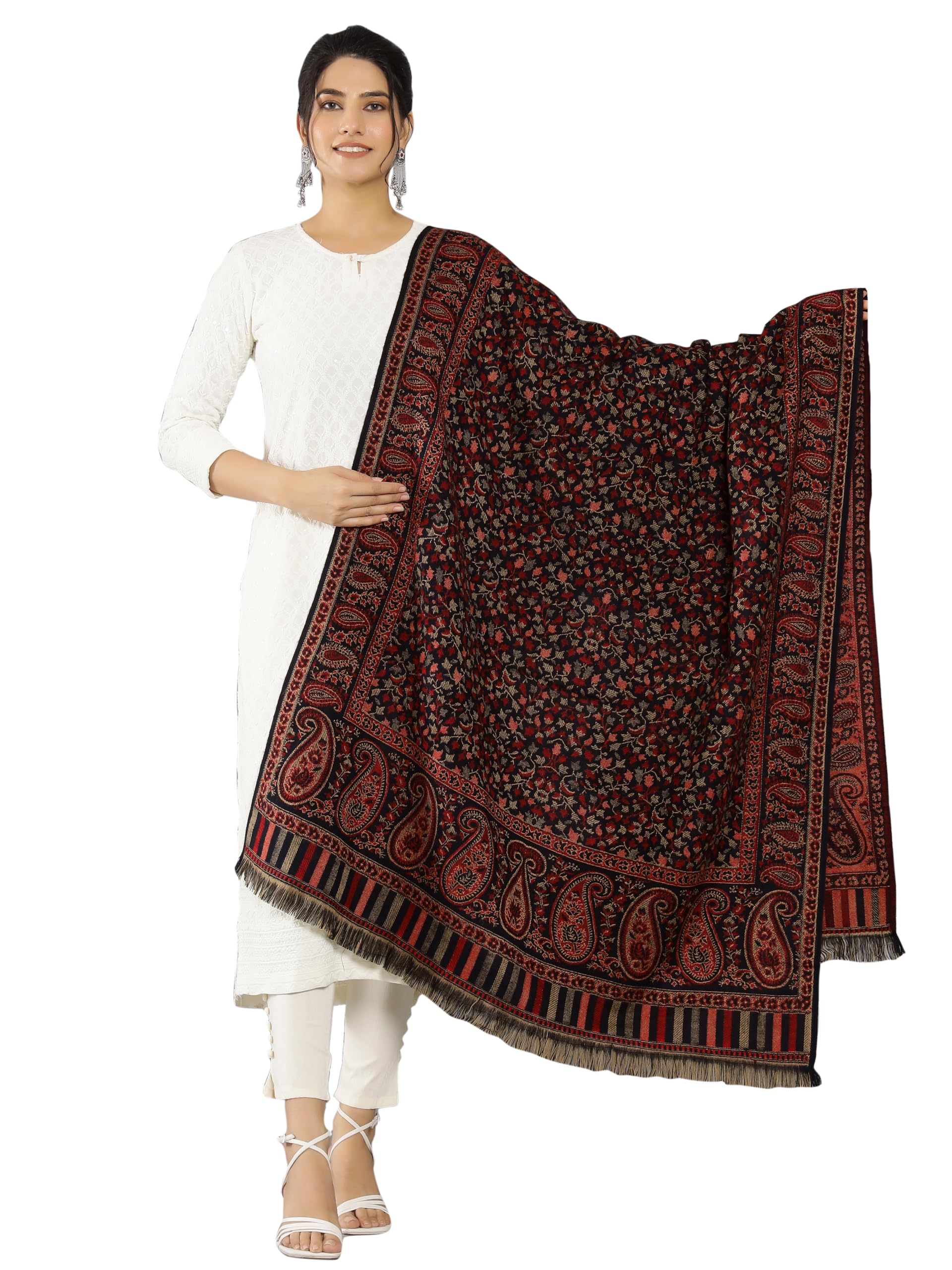Ravaiyaa - Attitude is everything Beautiful Kashmiri Jamawar Paisley & Floral Shawl, Women's Winter Wool Shawl, Soft and Warm Wrap (Black)-picture-28