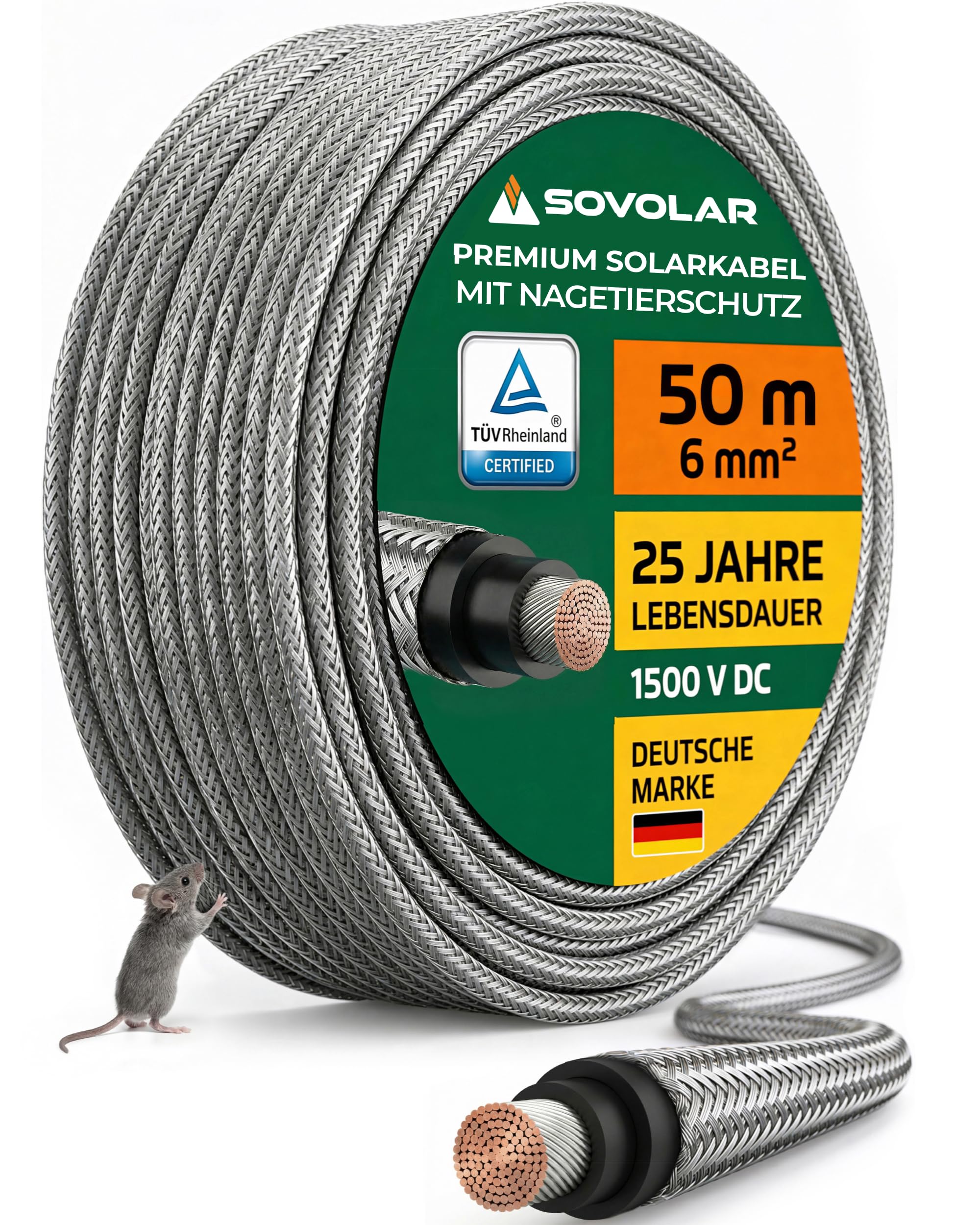 Sovolar Solarkabel 6mm2 50m PV Kabel 6mm2 Edelstahlgeflecht als Kabelschutz. Solarkabel Verlängerung mit Kabelschutz Tiere für Photovoltaik Kabel mit Nagerschutz und Privatkunden mit 0% Mehrwertsteuer