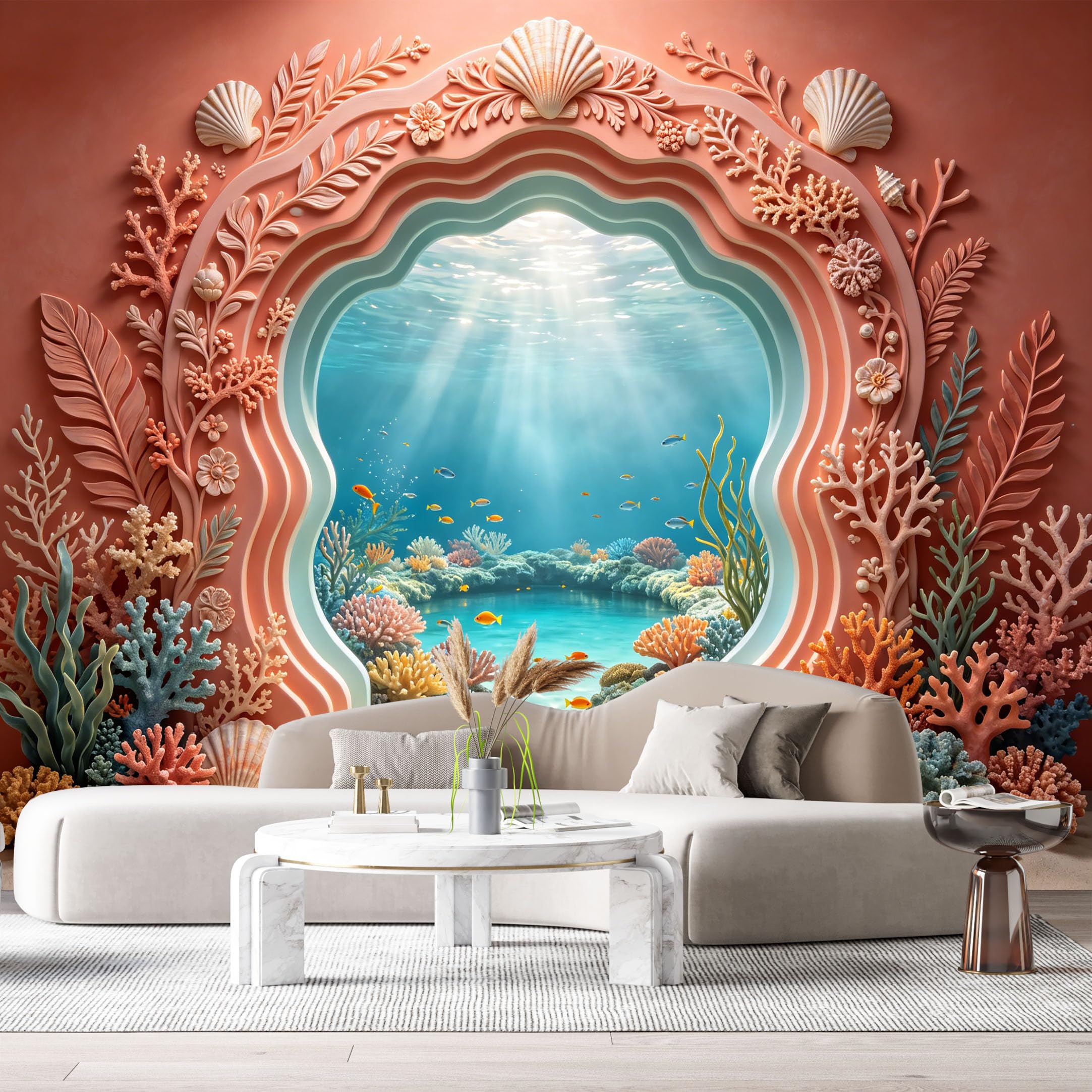 Custom Size Wall Murals Ocean Marine Coastal Seashells Coral Reef 3D Trompe L'Oeil SelfAdhesiveWall Fabric Removable Wallpaper Wall Decor for Living Room Bedroom Bathroom