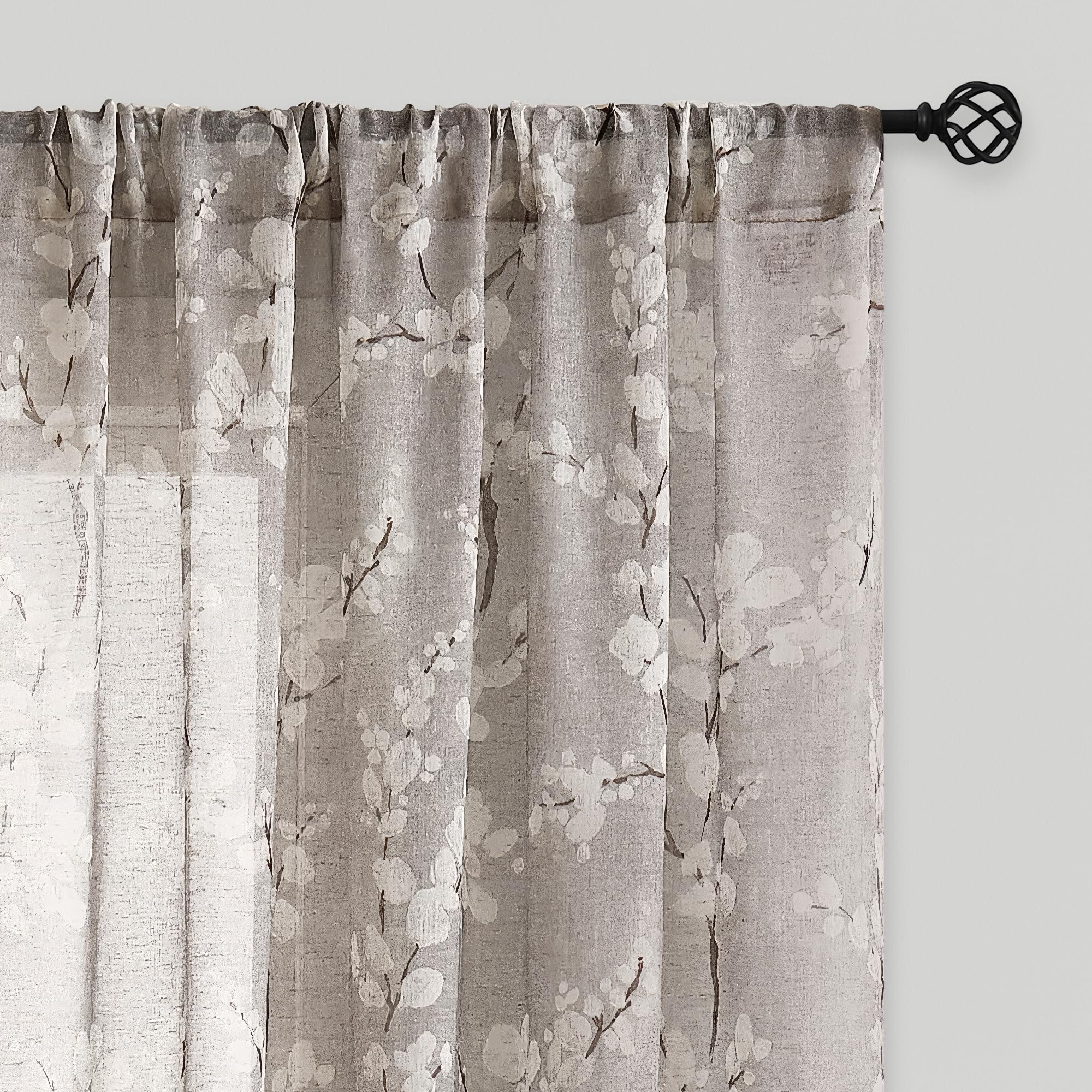 FMFUNCTEX Linen Sheer Blossom Floral Print Curtains Taupe 63 Inch 2 Panels