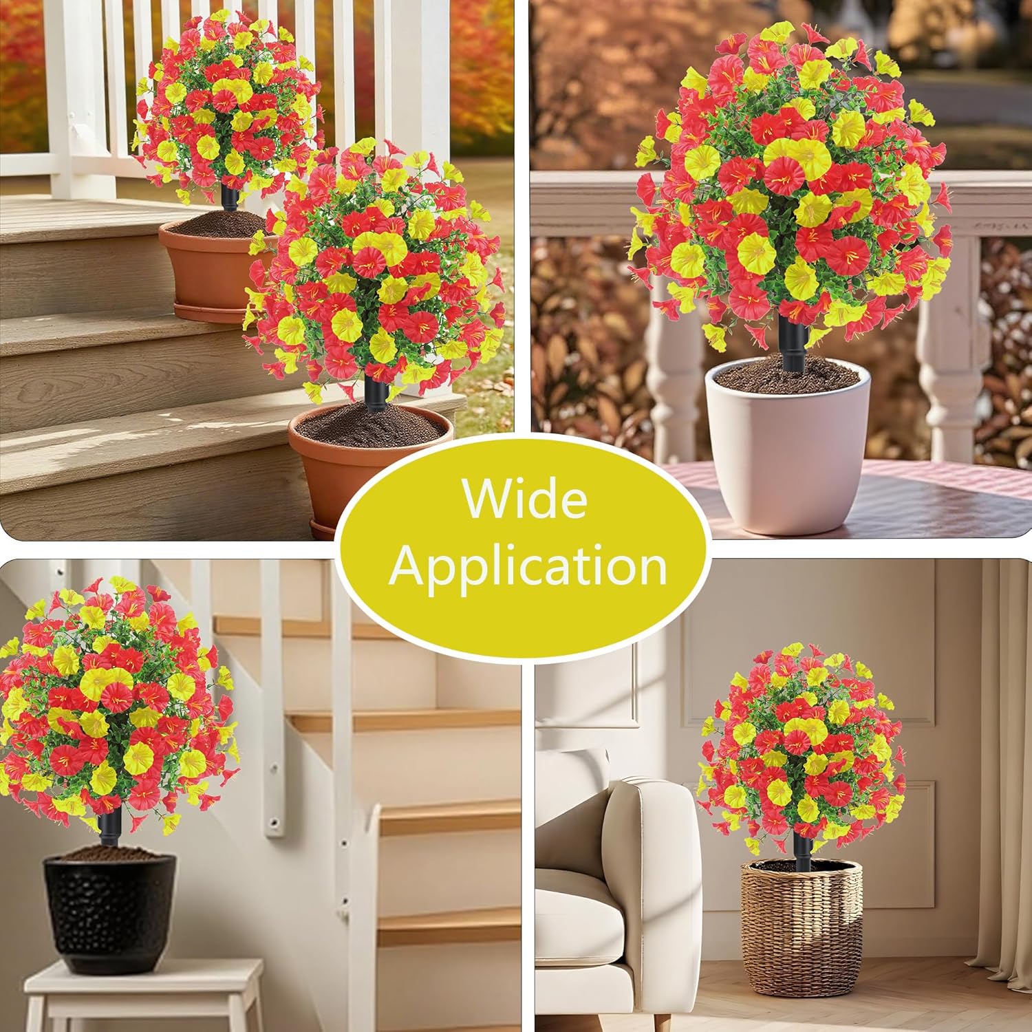 22.8" Set of 2 Artificial Boxwood Topiary Ball with Spike. UV Resistant Fake Mums Flowers Outdoor with 69 Branches,Faux Flowers Bushes for Garden Front Porch Yard Patio(Yellow+Red)