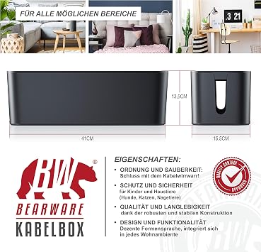 CSL - Kabelbox Groß 41cm - XXL Kabelmanagement Box - Box zum Kabel verstecken - Kebel Organisator - Schutz und Sicherheit - Anti Rutsch Boden - Schwarz