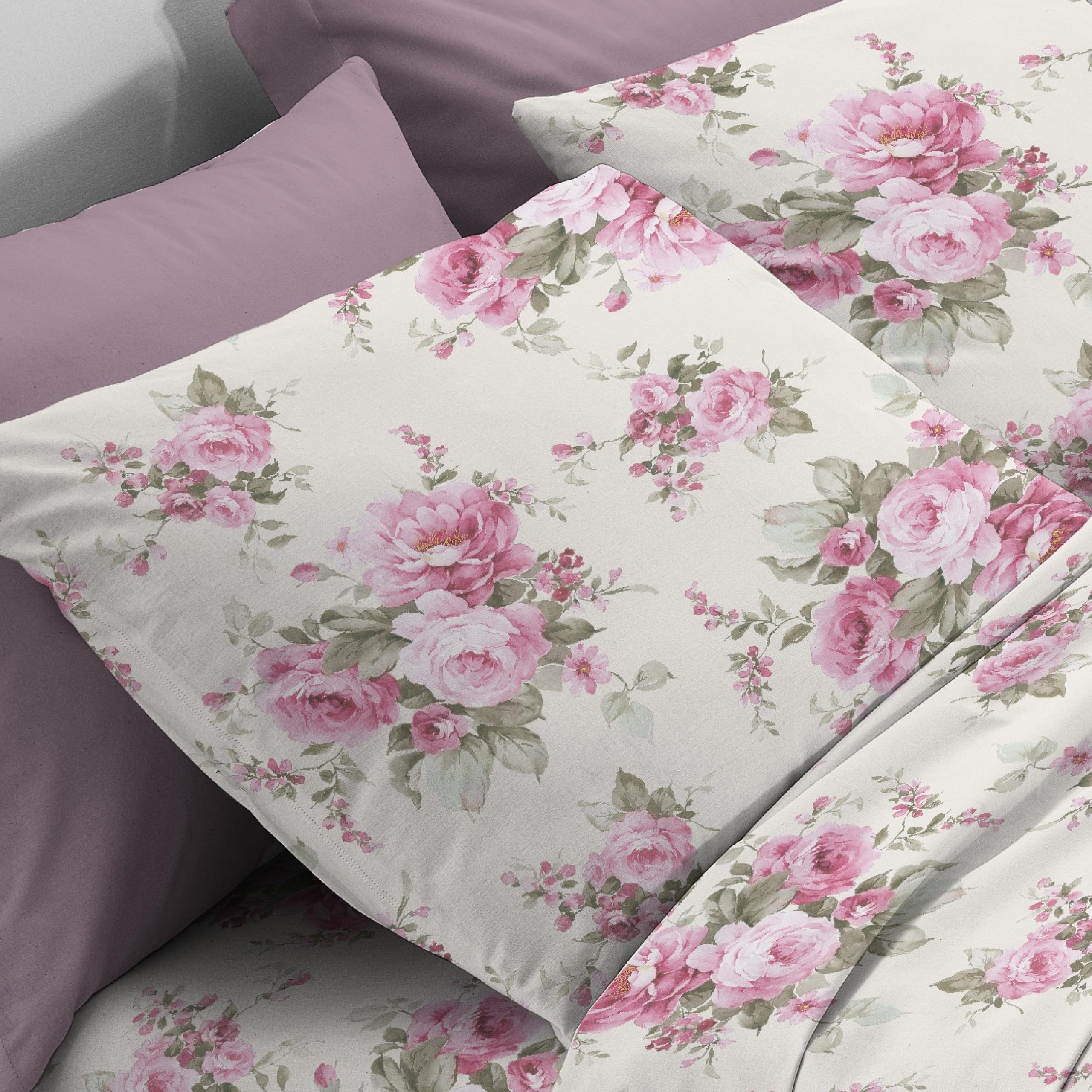 Mahome Set Completo Letto in Pregiata Flanella 100% Cotone con Trattamento Antipalline - Completo Lenzuola Caldo Cotone Morbide Artigianali Alta Qualità Made in Italy (Arianna Rosa, Piazza e Mezzo)