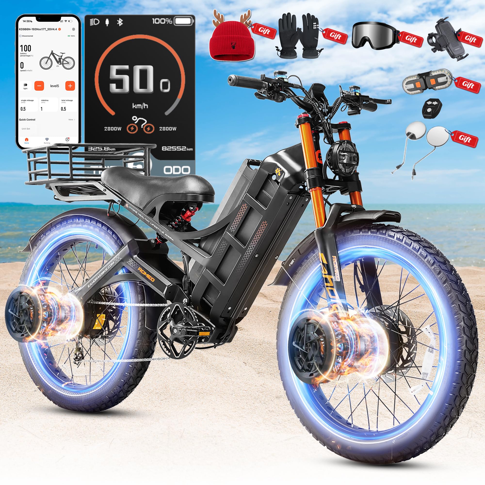 2026 eAhora Romeo Pro 3/2 50-46Mph Electric Bike for Adults 5600W/4000W Dual Motor Ebike 60V 80AH/52v 70Ah Battery 200-235Miles Long Range, 26*4.0"