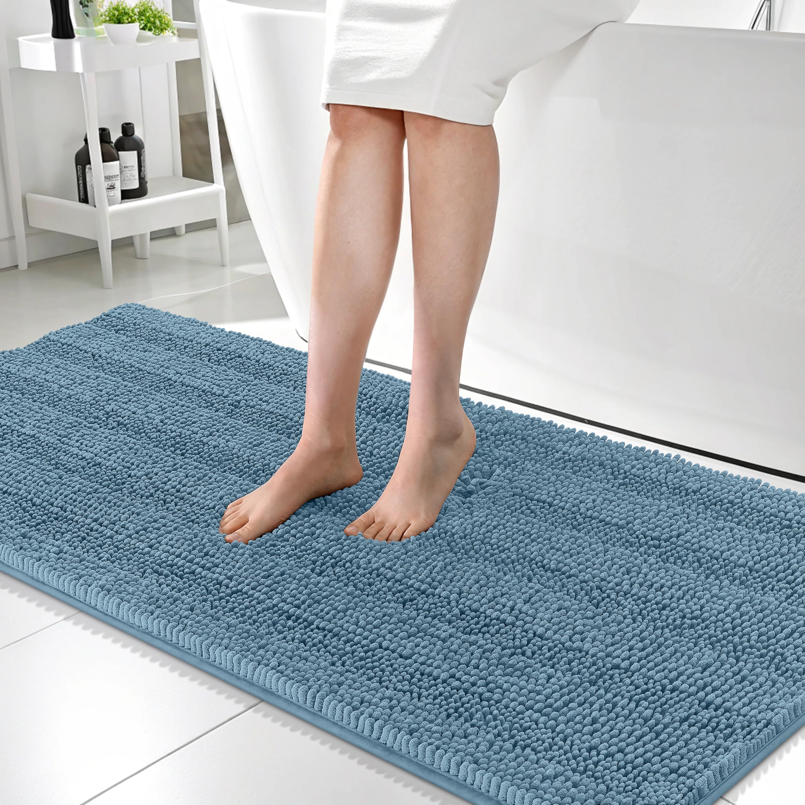 OLANLY Thick Bathroom Runner Rugs 59x24, Soft Chenille Bath Rugs, Airy Blue
