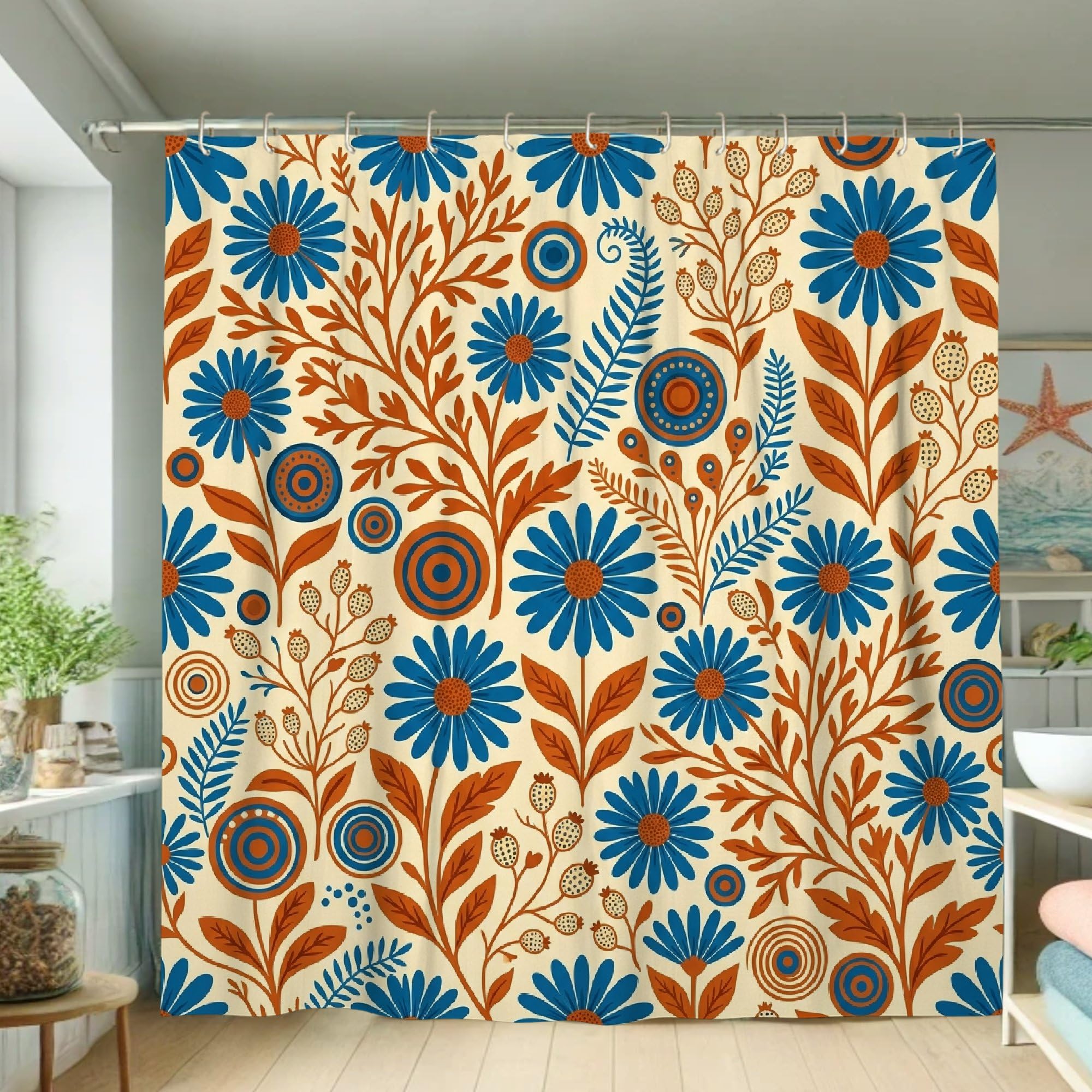 Rideau de douche bohème bleu en polyester imperméable 183x183 cm