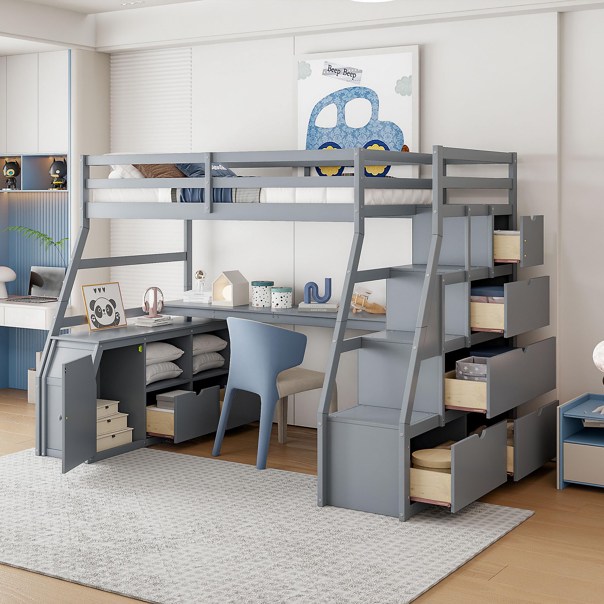 KUIKUI Bed with Desk Underneath Full Size, Bunk Bed with Desk, Loft Bed with Desk and Storage 7 Drawers and 2 Shelves, Gray