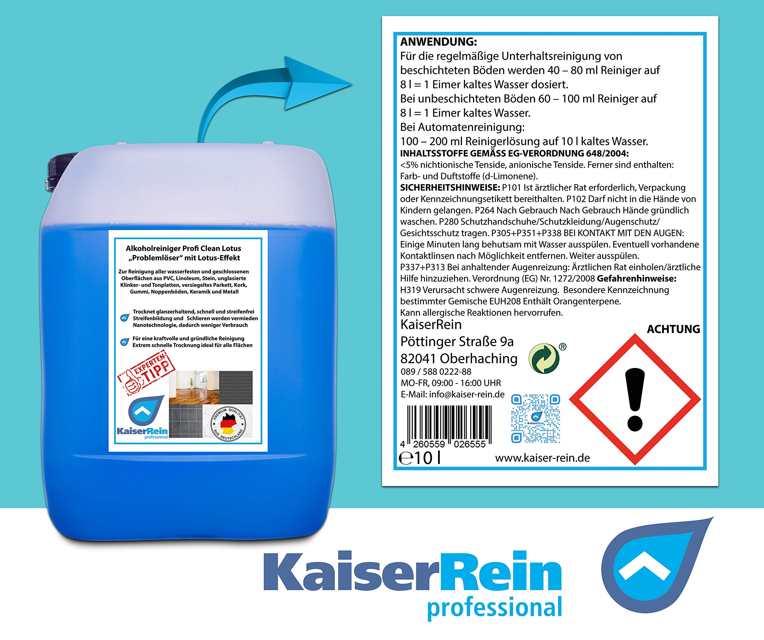 KaiserRein Bodenreiniger Fliesen und Oberflächen-Reiniger Profi Clean Lotus Konzentrat 10 L Kanister Glanzreiniger Alkoholreiniger Universalreiniger auch für Wischroboter und Reinigungsautomaten