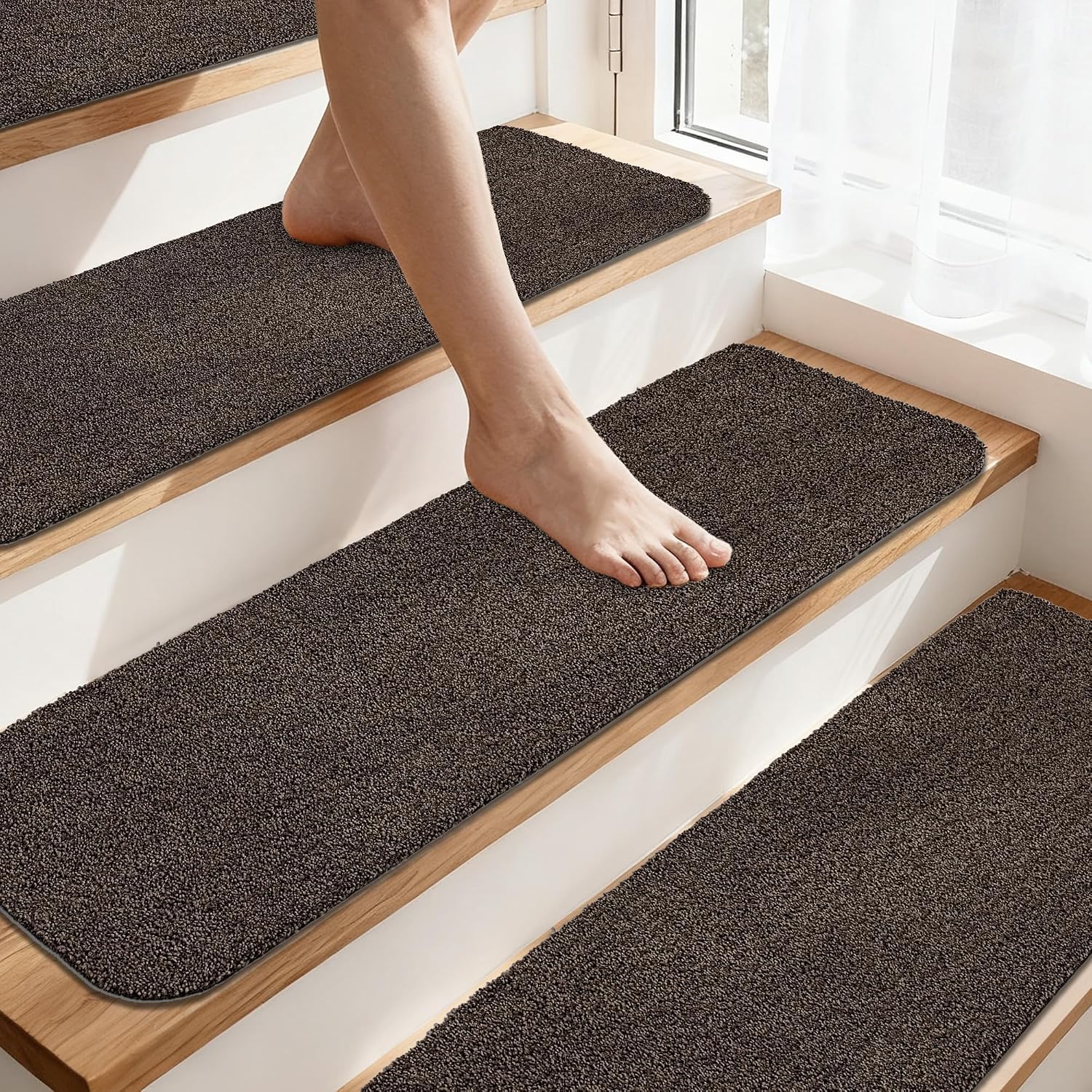 COSY HOMEER Stair Treads for Wooden Steps Non-Slip Carpet Mat,4pcs,Brown