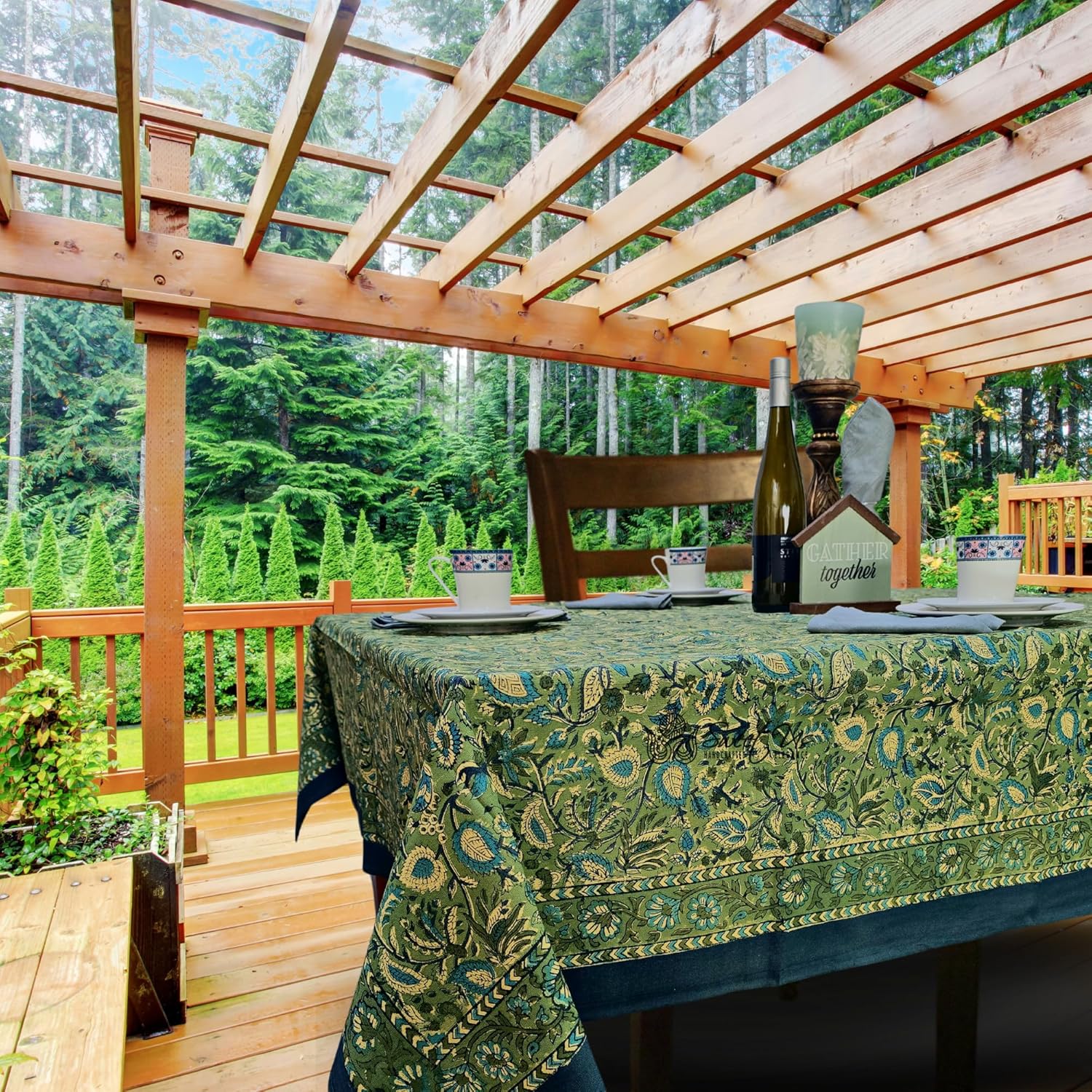 Sweet Us Amara Cotton Floral Block Print Tablecloth and One Plain Napkin, Floral Kitchen Dining Table Cloth, Table Cover for Indoor and Outdoors, Fern Bliss, 58 x 88 in