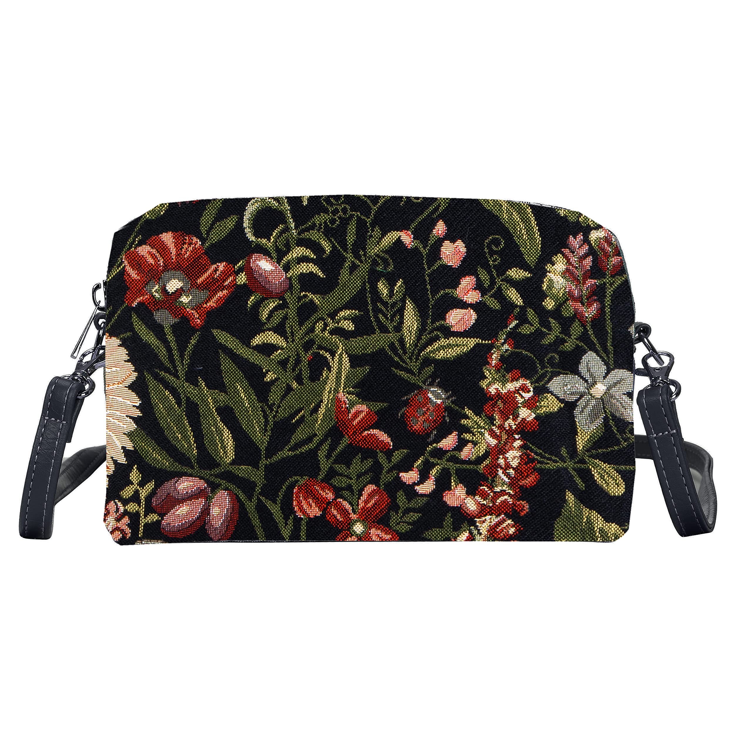 Tapestry Women Fashion Travel Hip Cross Body Bag Poppy Flowersin Morning Garden Black Design (HPBG-MGDBK)