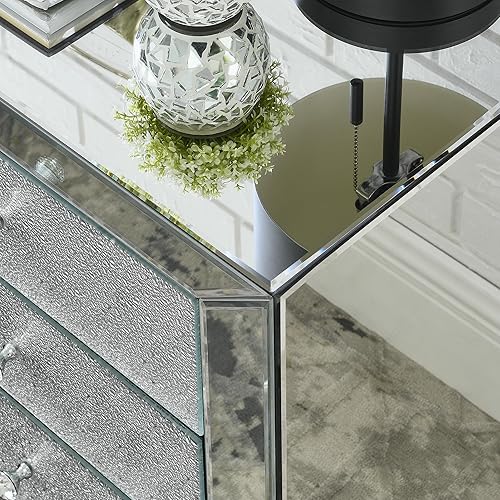 Miniatura 34 de SSLine Mesa auxiliar cuadrada con espejo con luces LED, mesita de noche con espejo, mesa auxiliar de espejo con acabado plateado para dormitorio,