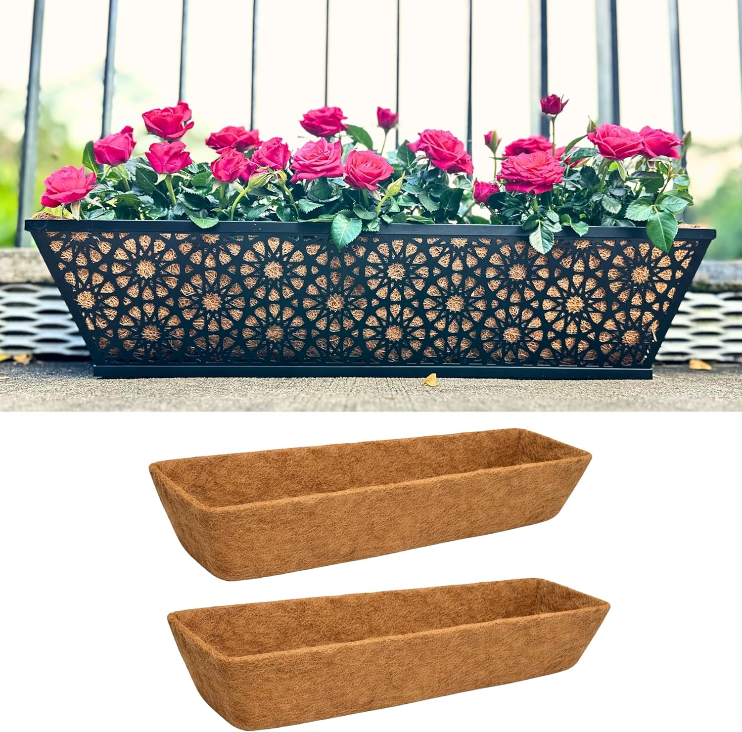 LaLaGreen 24" (2 Pack, Rectangular) Coco Liners for Railing Planter–Large Trough Coir Replacement for Wall Hanging Basket, Window Box, Pot Garden Balcony Holder–Available in 12-16" & Various Shapes
