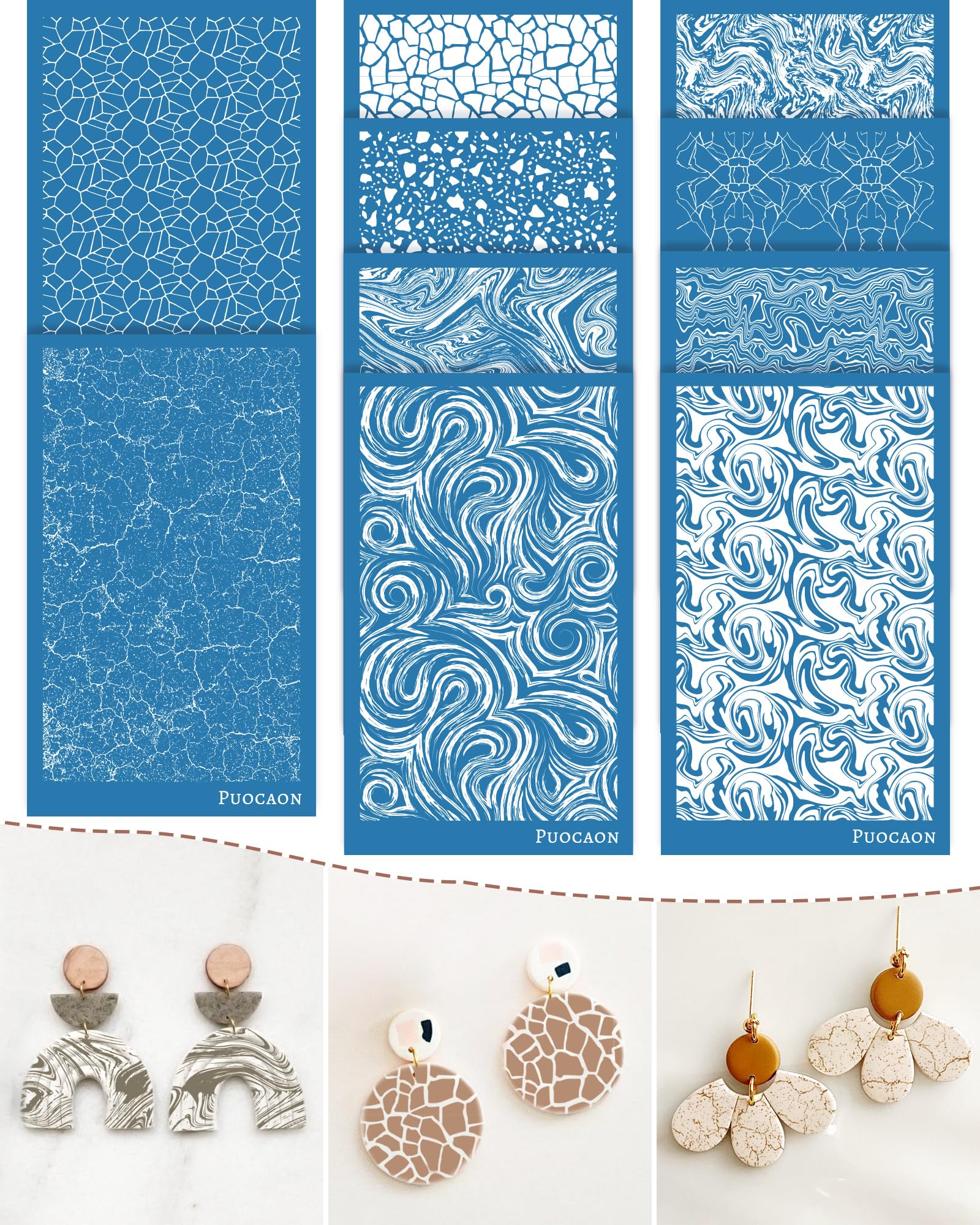 Puocaon Clay Silk Screen Stencils - 10 Pcs Marble Pattern Reusable Silk Screen Stencils for Polymer Clay Jewelry Making, Terrazzo Fluid Trendy Polymer Clay Jewelry Tools Screen Stencils for Earrings