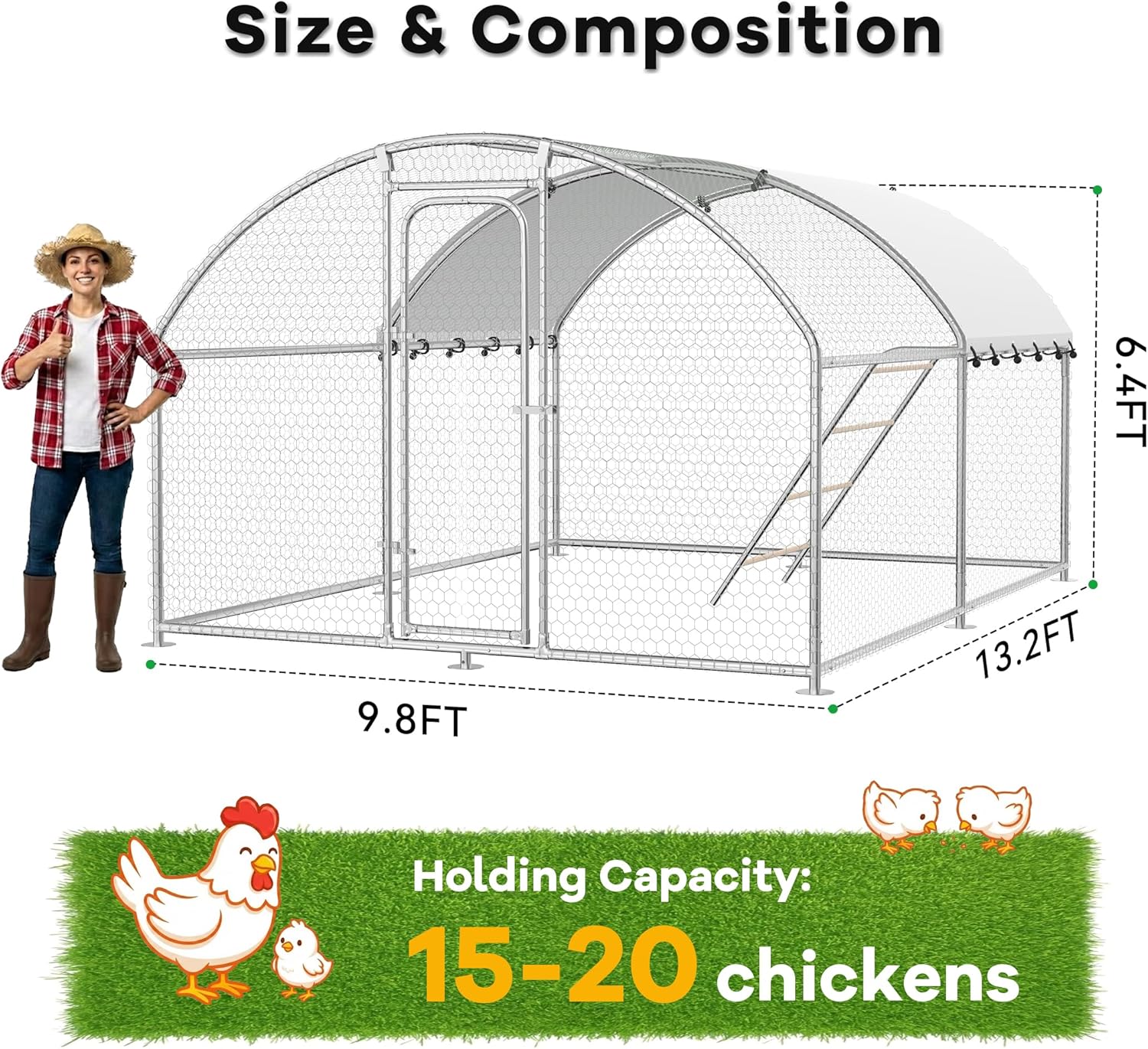 Large Metal Chicken Coop Walk-in Poultry Cage with Waterproof Roosting Perch and UV-Resistant Cover, Outdoor Chicken Run Poultry Hen House for Backyard Farm Use,Dome Roof(10’ W x 13.2’ L x 6.4’ H)