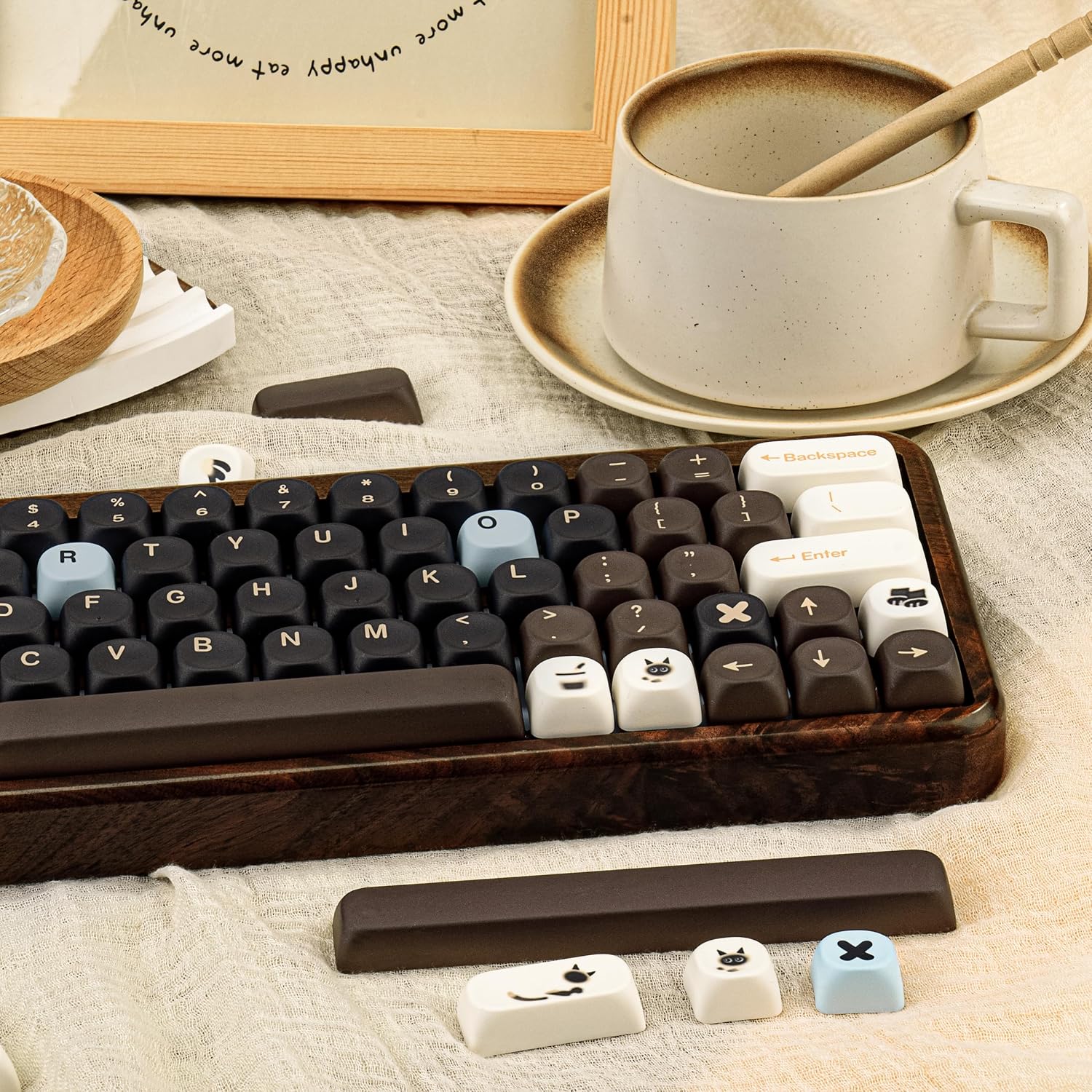 MOA Profile PBT Keycaps,130 Keys Cute Cat Custom Keycaps 60 65 75 100 Percent, Coffee Theme Dye-Sub Key caps Keyboard Keycap Set for MX Switches Mechanical Keyboard