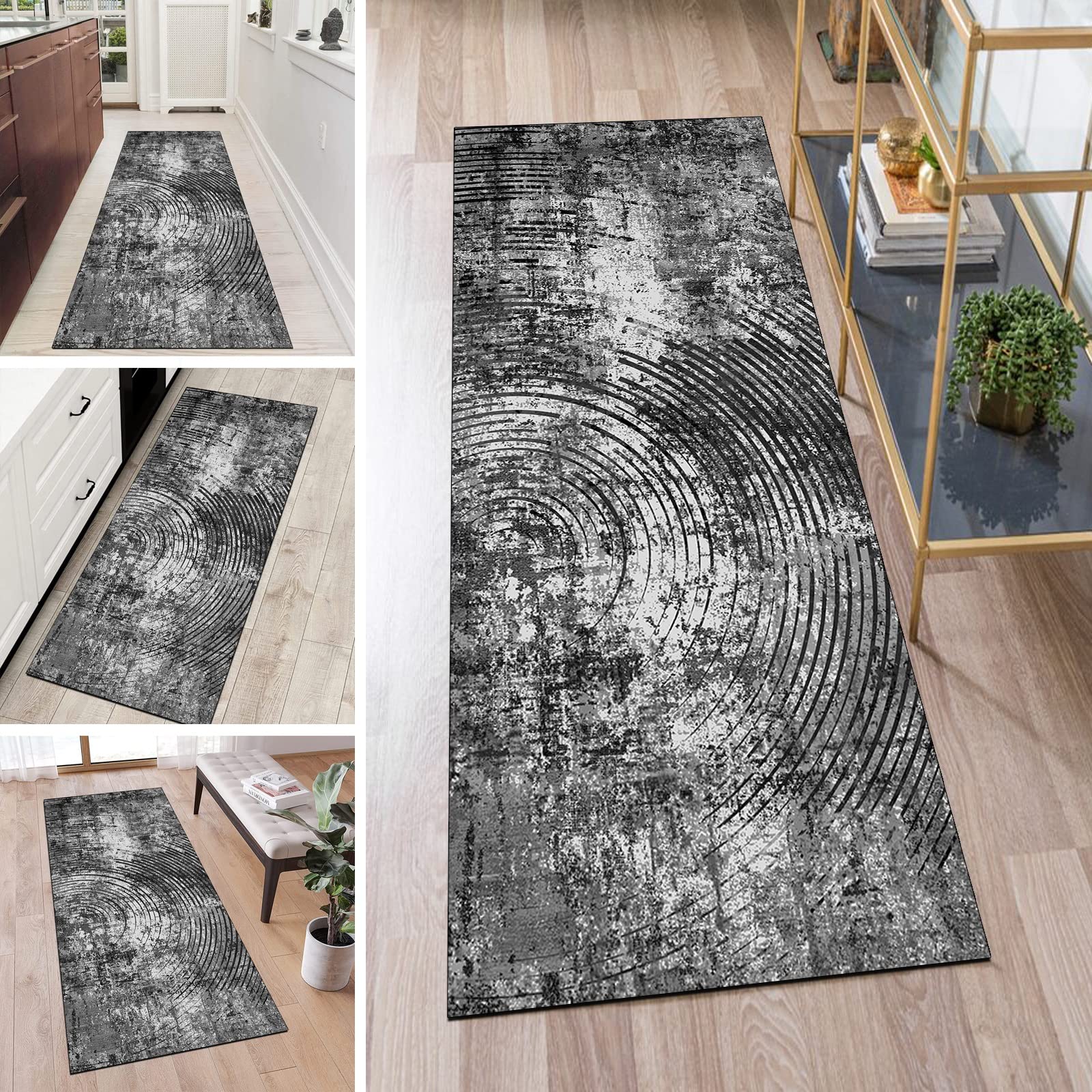 Tapis de couloir lavable et antidérapant design abstrait marron vert pour salon