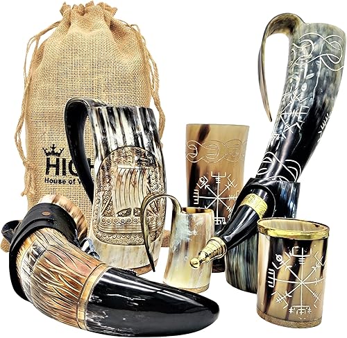 HIGHBIX Royal Viking - Juego de 6 tazas auténticas hechas a mano con cuerno de beber de los vikingos (juego real de vikingos)
