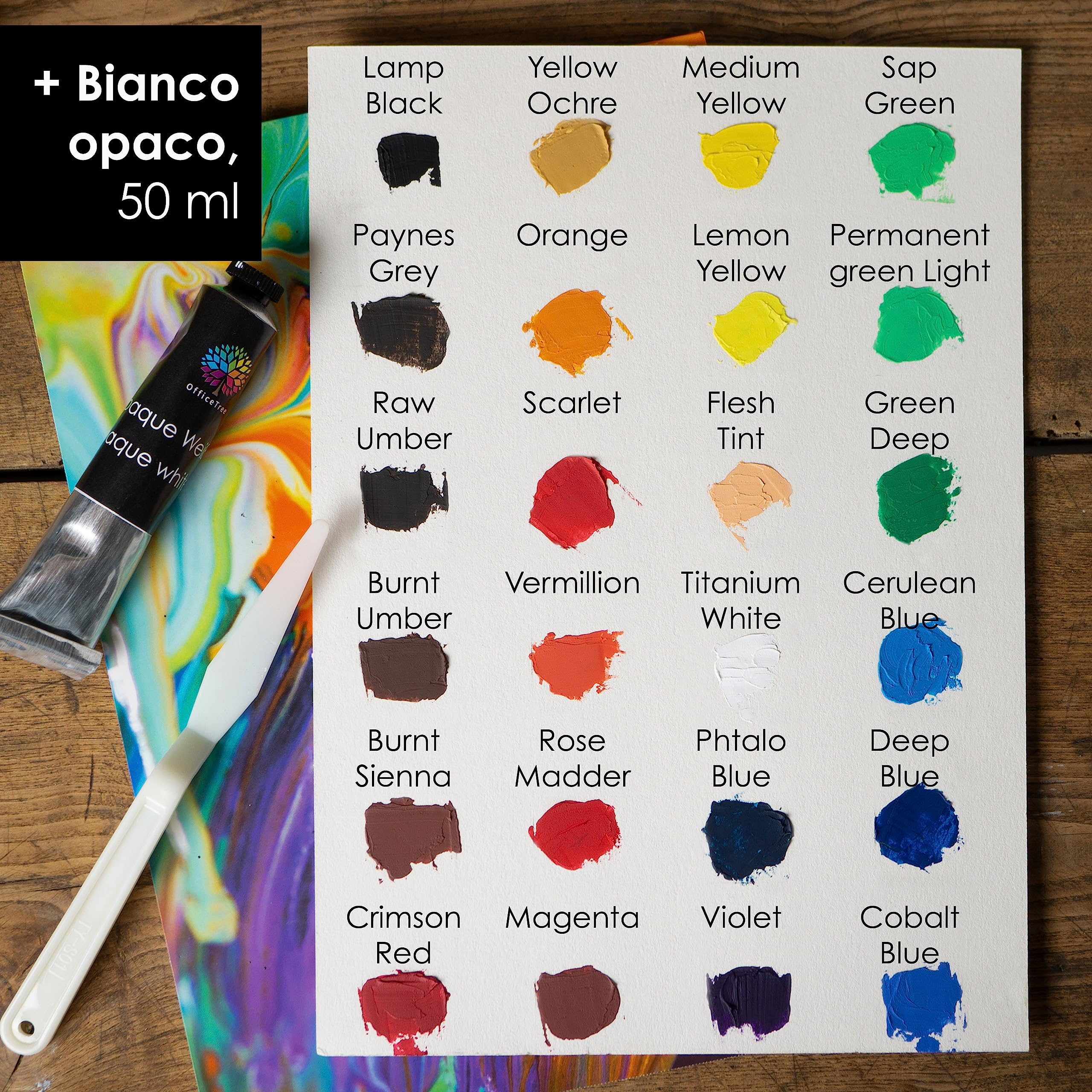OfficeTree 24x 12 ml Kit pittura olio con pennello e tavolozza - Kit per la pittura con accessori - Colori ad olio per pittura su tela con trementina, fissante e blocco per pittura - Set dipingere