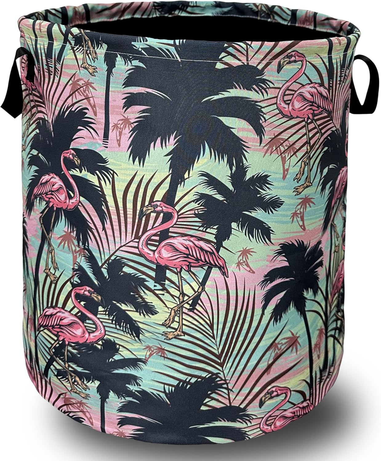 Pink Flamingo Laundry Basket With Handles Oxford Cloth Tote Bag Tropical Palm Trees Laundry Hamper 18.9" x 16.5" Foldable Clothes Storage Bucket Toy Organizer For Bathroom/Laundry/Bedroom