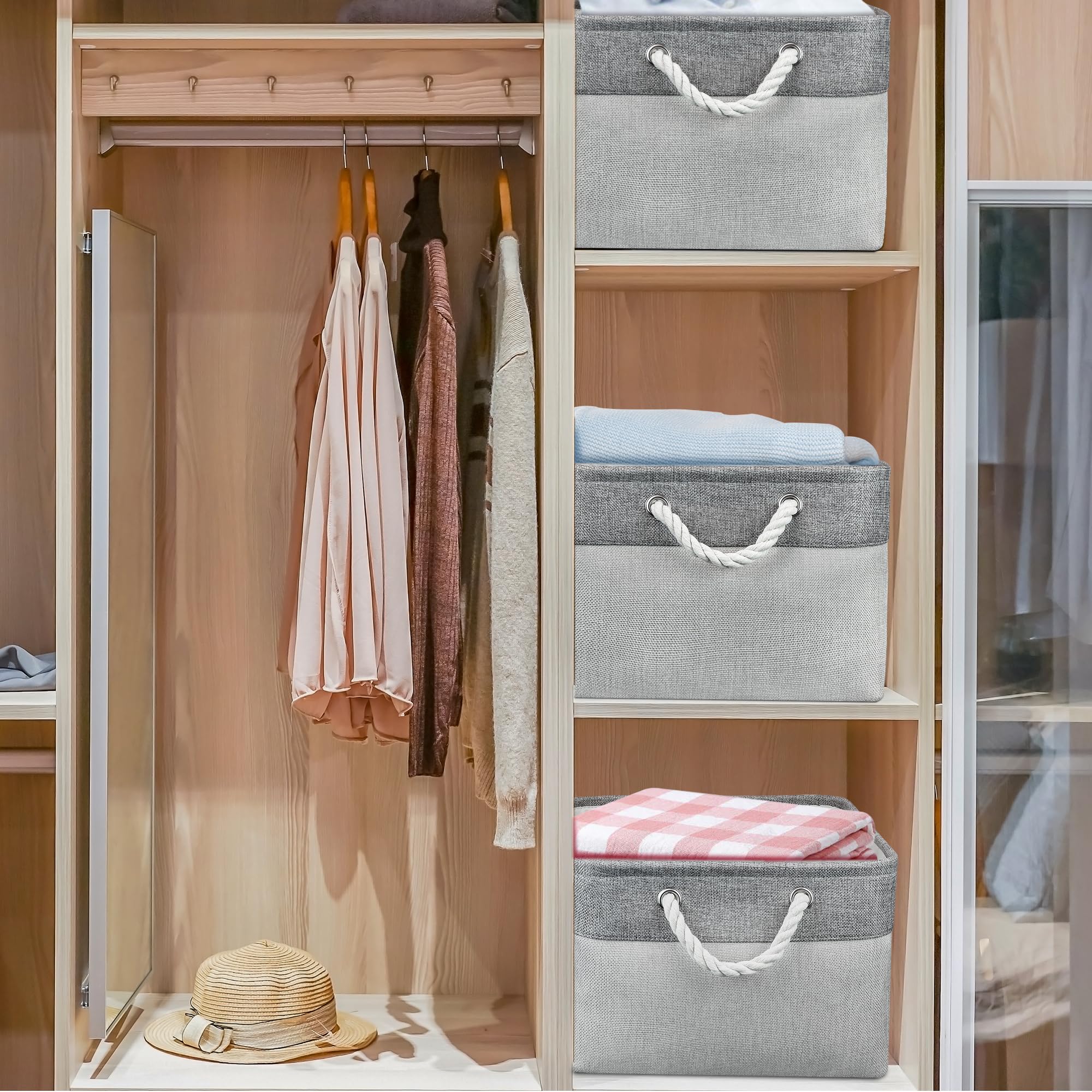 Caja de almacenamiento grande, cestas de almacenamiento de estante con asas, cestas de almacenamiento plegables de tela, organizador del hogar para estantes, armarios, armarios (41 x 31 x 21 cm/3
