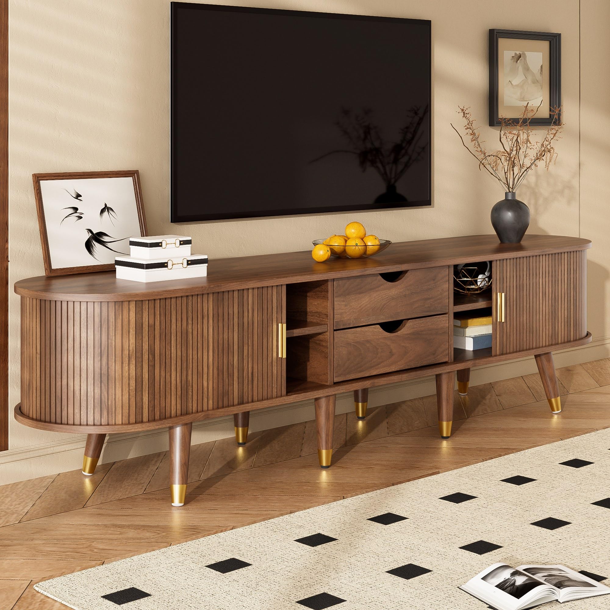 175cm TV Schrank Holz mit Rattan-Schiebetür Walnuss-Optik, TV Lowboard Stehend mit Goldenen Details & Stauraum, Fernsehschrank Für Wohnzimmer, TV Sideboard Einfache Montage,175cm a