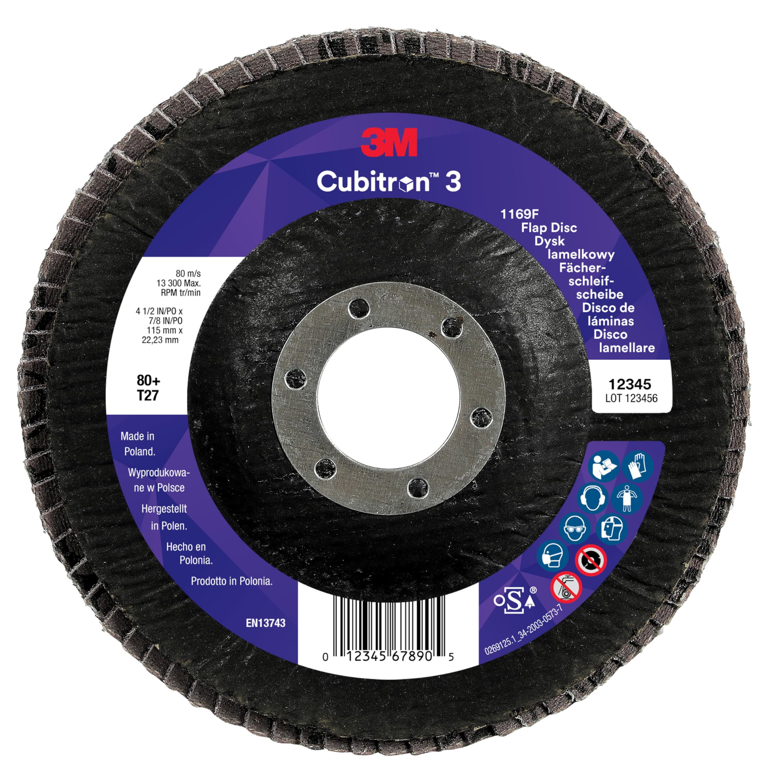 3M Cubitron 3 Flap Disc 1169F, 40+, T27-Flat, 115 mm x 22.23 mm, 10 per Package