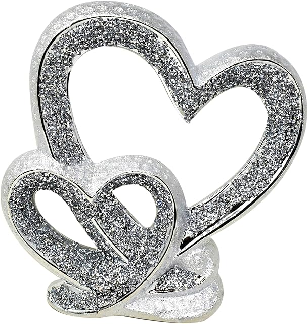 Silver Heart Sparkle Ornament Bling Crushed Diamond Gift | CRYSTALLIZED Double Heart |Handmade Craft | Crushed Diamond Display | Wedding Anniversary, Birthday Present, Home Decor