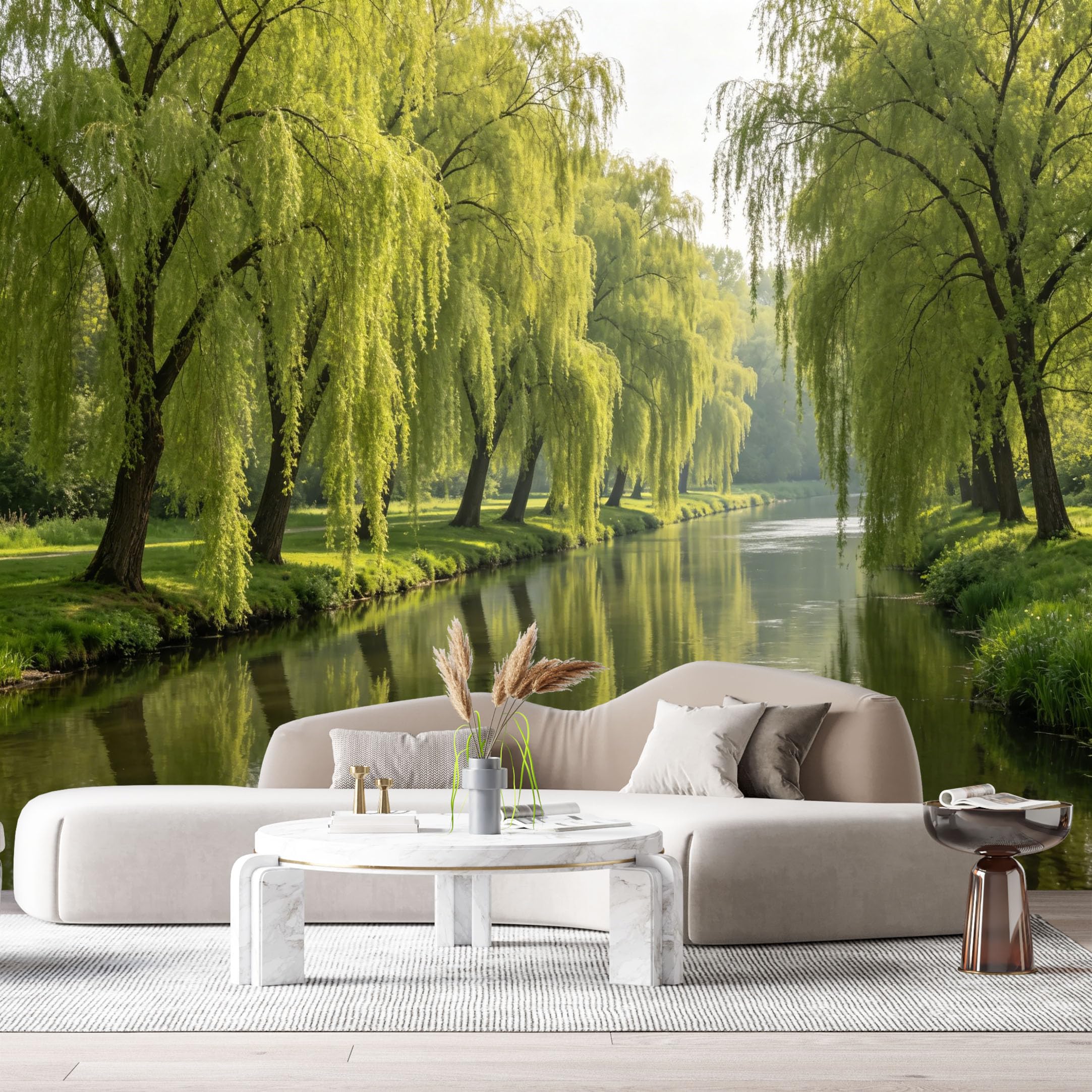 Custom Size Wall Murals Tranquil River Landscape Willow Trees Reflection Watercolor Nature Scene SelfAdhesive Wall Fabric Removable Large Wallpaper for Photo Living Room