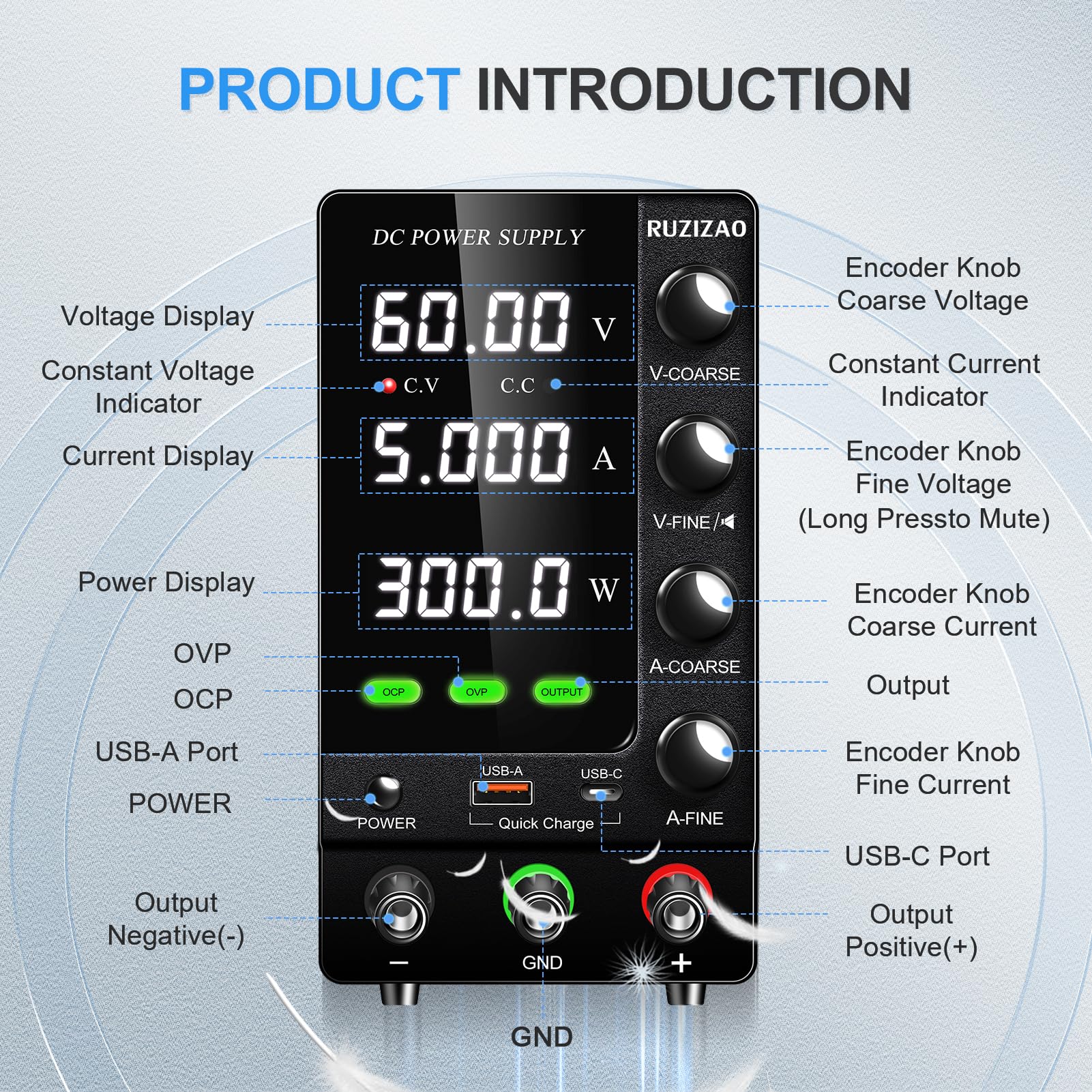 Alimentation de Laboratoire 60V 5A Alimentation Stabilisée Réglable avec OCP/OVP/Interrupteur de Sortie/Encodeurs de Précision, Alimentation de Banc de Laboratoire avec 18W USB Charge Rapide