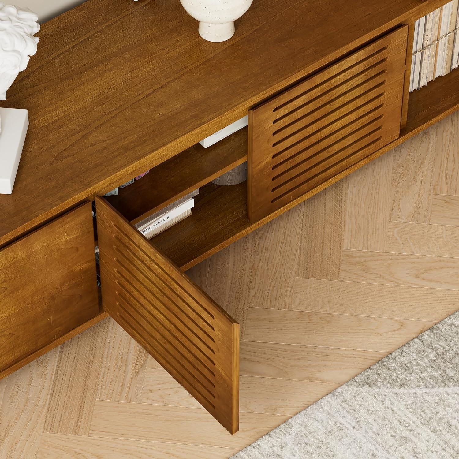 Mid Century Modern TV Stand for TVs up to 75", Entertainment Center with Rattan Cabinet Doors, Solid Wood Feet and Adjustable Shelf, Media Console for Living Bedroom, Brown Ebony