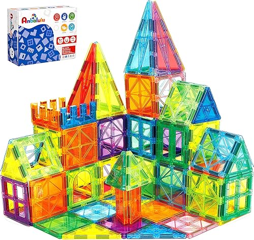 Vista 8 de Azulejos magnéticos, 100 bloques para niños, juego de construcción magnética con 2 carros, juguetes educativos sensoriales STEM, regalo para niños